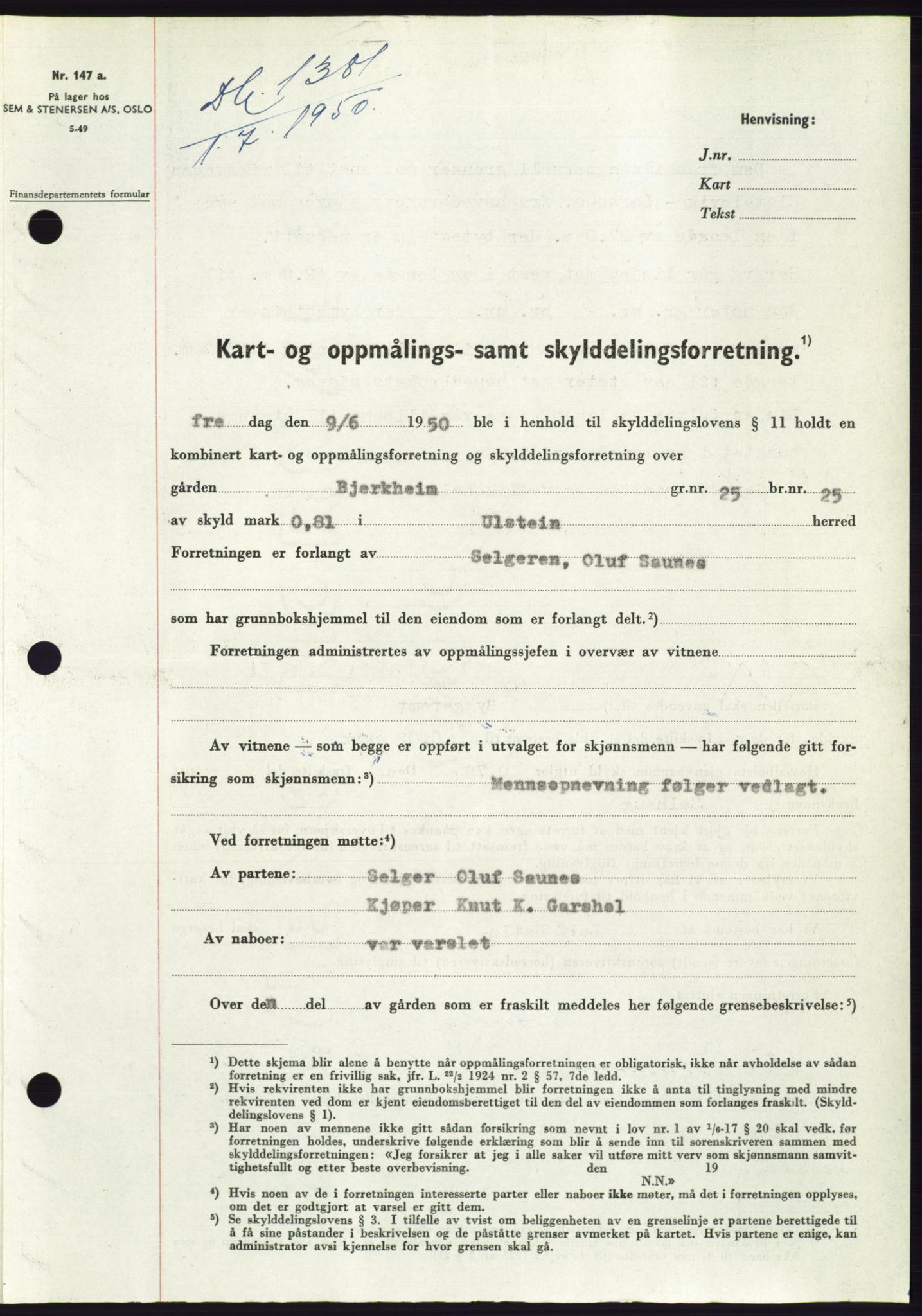 Søre Sunnmøre sorenskriveri, SAT/A-4122/1/2/2C/L0087: Mortgage book no. 13A, 1950-1950, Diary no: : 1381/1950