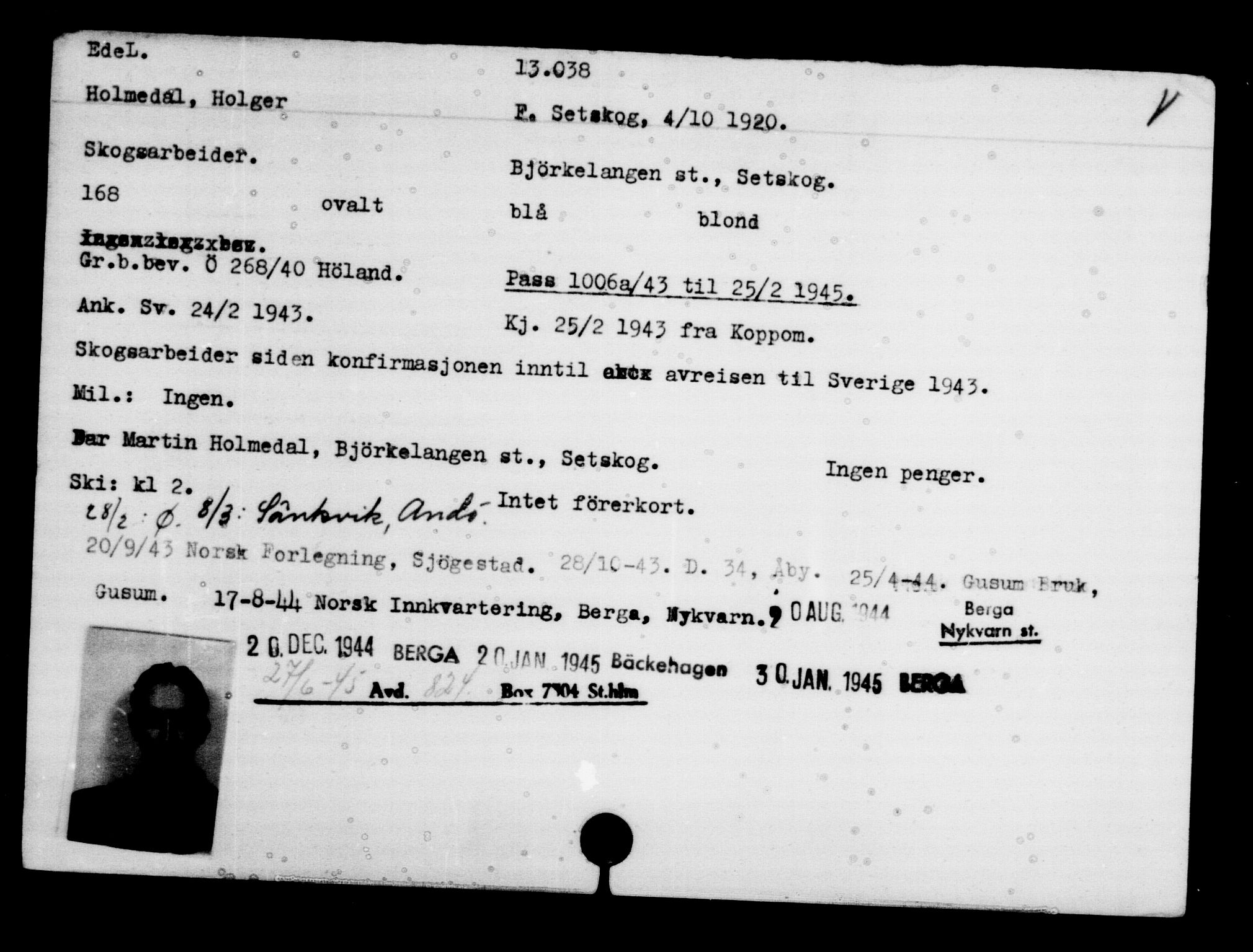 Utenriksstasjonene, Legasjonen i Stockholm, Flyktningkontoret, AV/RA-S-6753/V/Va/L0007: Kjesäterkartoteket, flyktninger med registreringsnr. 12700-15723, 1940-1945, p. 392