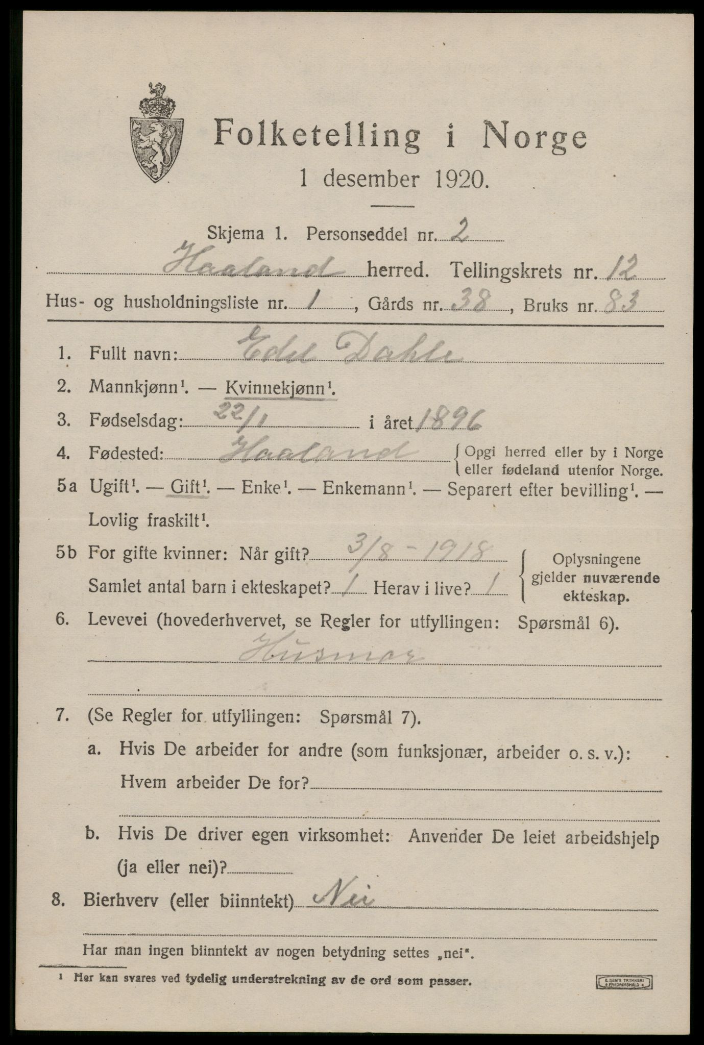 SAST, 1920 census for Håland, 1920, p. 8767