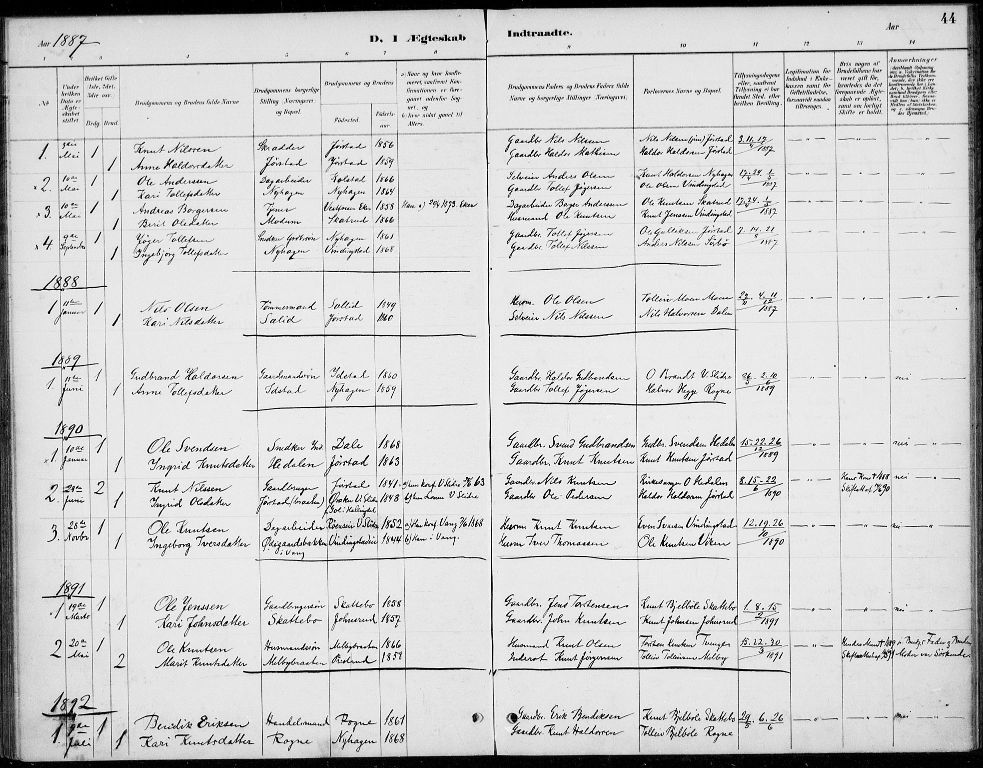 Øystre Slidre prestekontor, AV/SAH-PREST-138/H/Ha/Haa/L0005: Parish register (official) no. 5, 1887-1916, p. 44