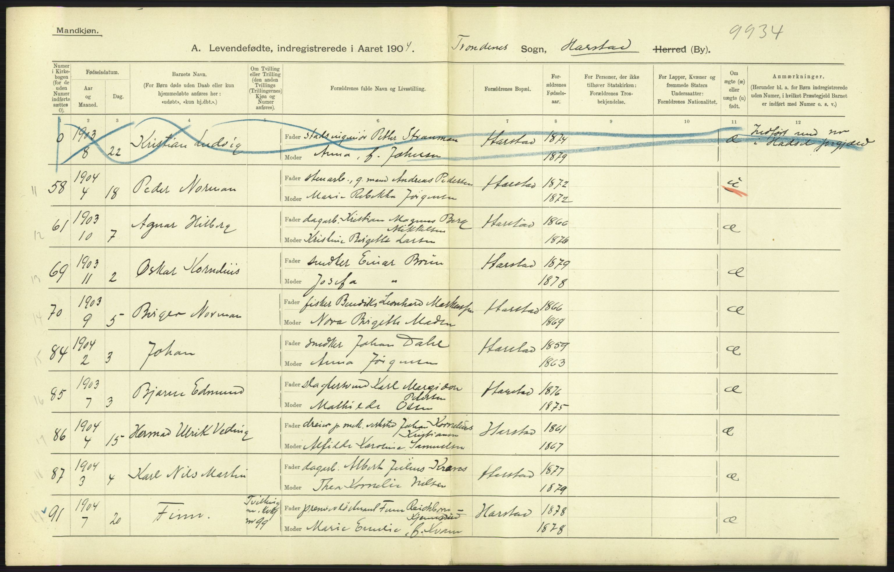 Statistisk sentralbyrå, Sosiodemografiske emner, Befolkning, AV/RA-S-2228/D/Df/Dfa/Dfab/L0022: Tromsø amt: Fødte, gifte, døde, 1904, p. 291