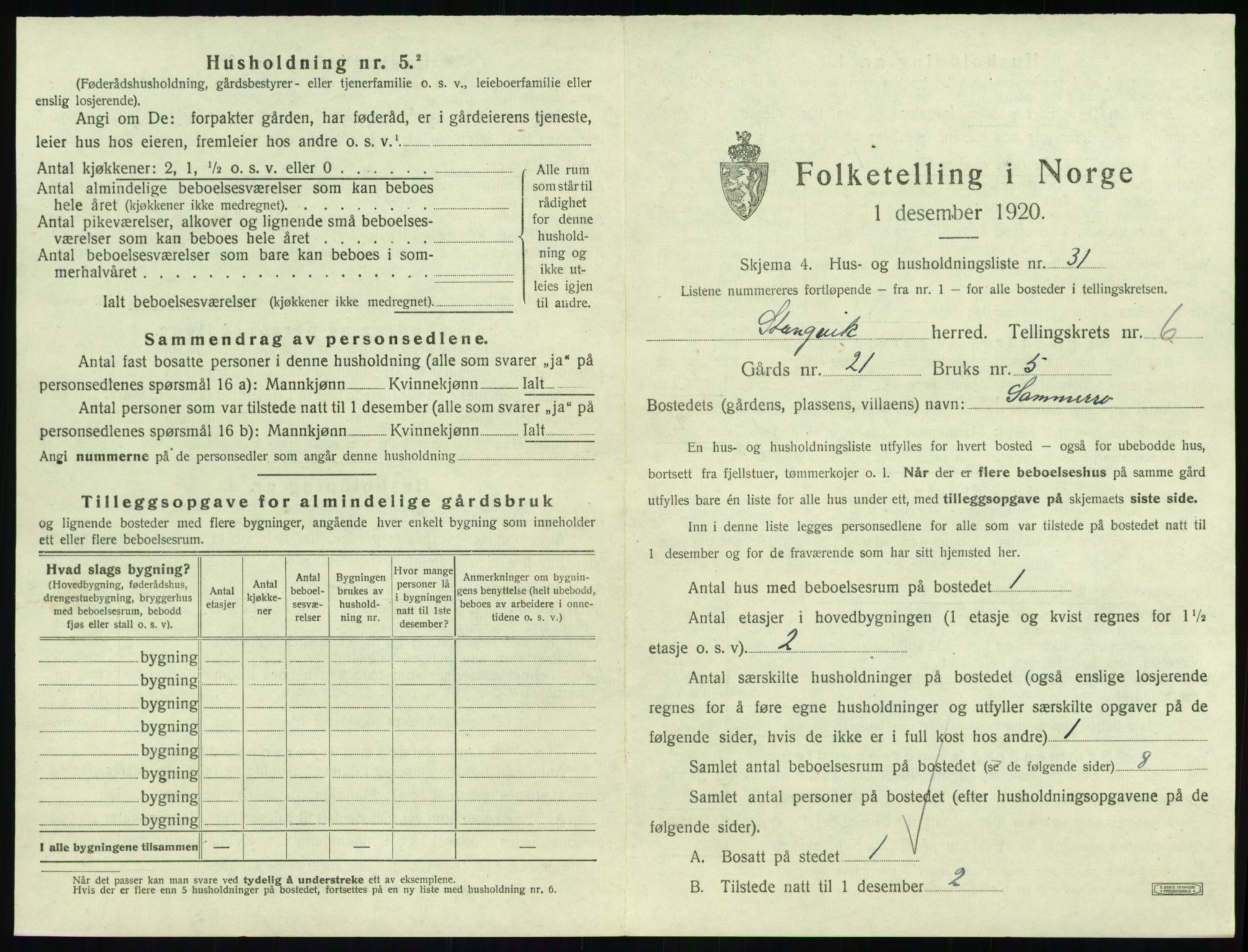 SAT, 1920 census for Stangvik, 1920, p. 618