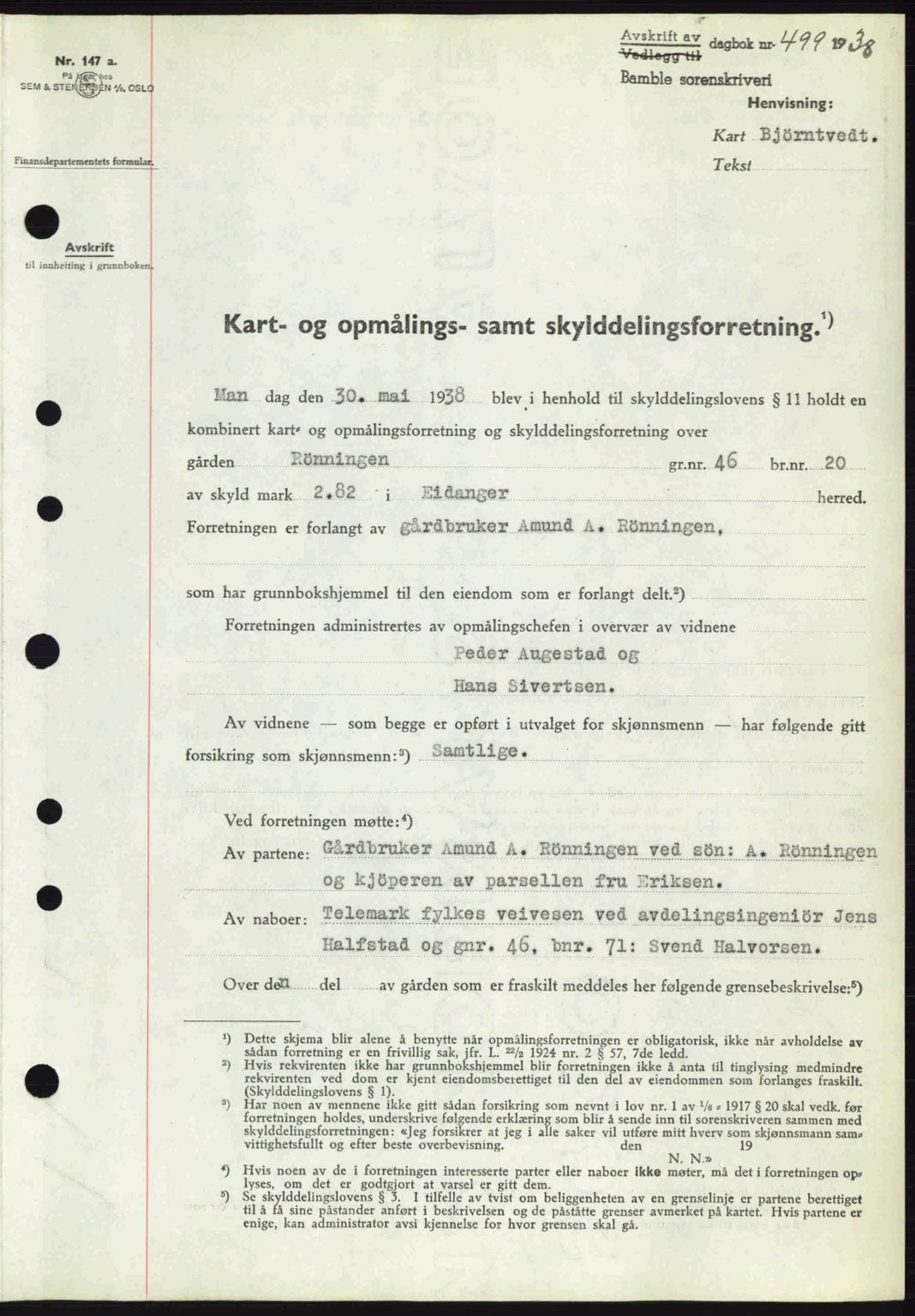 Bamble sorenskriveri, AV/SAKO-A-214/G/Ga/Gag/L0002: Mortgage book no. A-2, 1937-1938, Diary no: : 499/1938