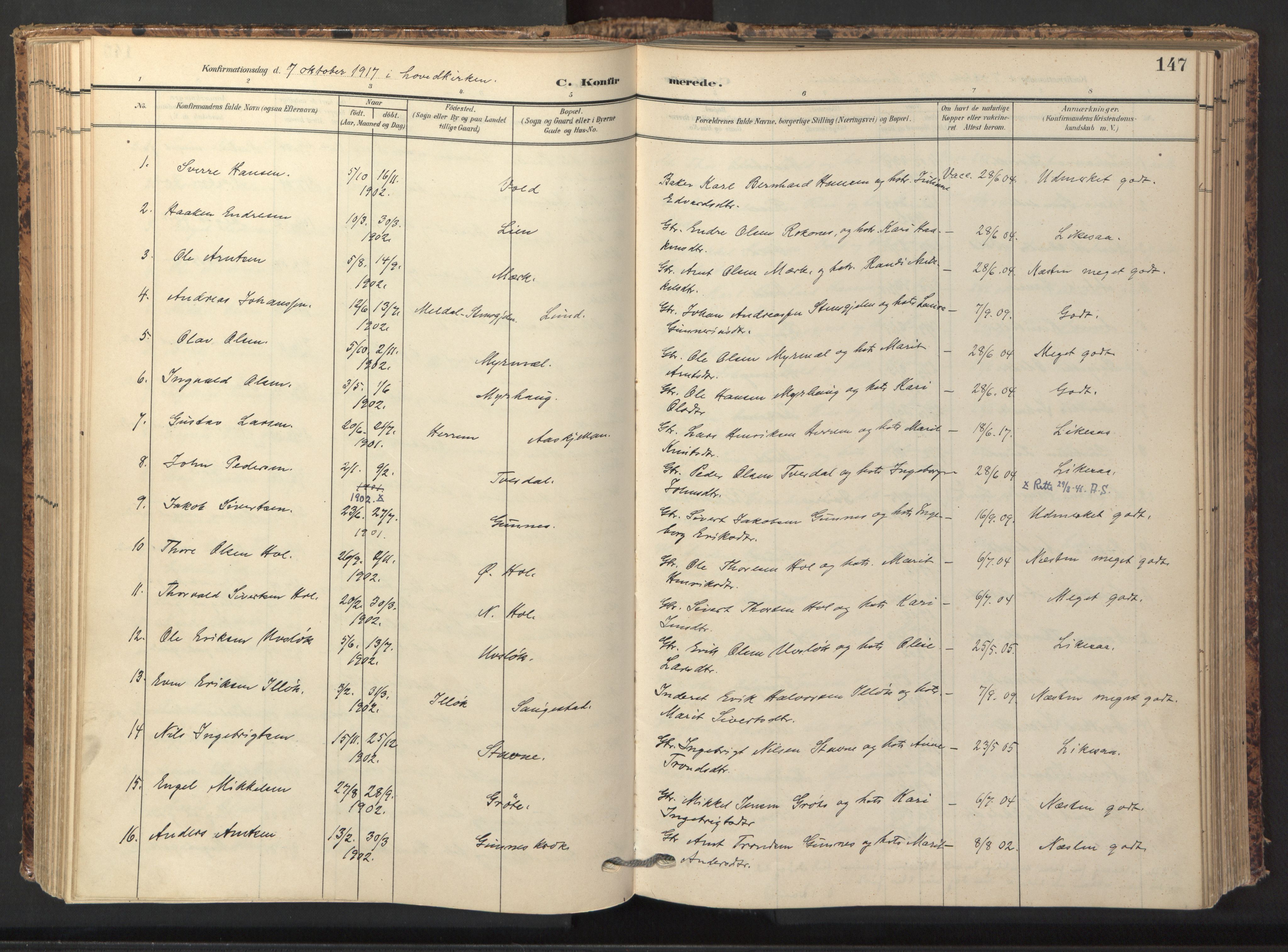 Ministerialprotokoller, klokkerbøker og fødselsregistre - Sør-Trøndelag, SAT/A-1456/674/L0873: Parish register (official) no. 674A05, 1908-1923, p. 147