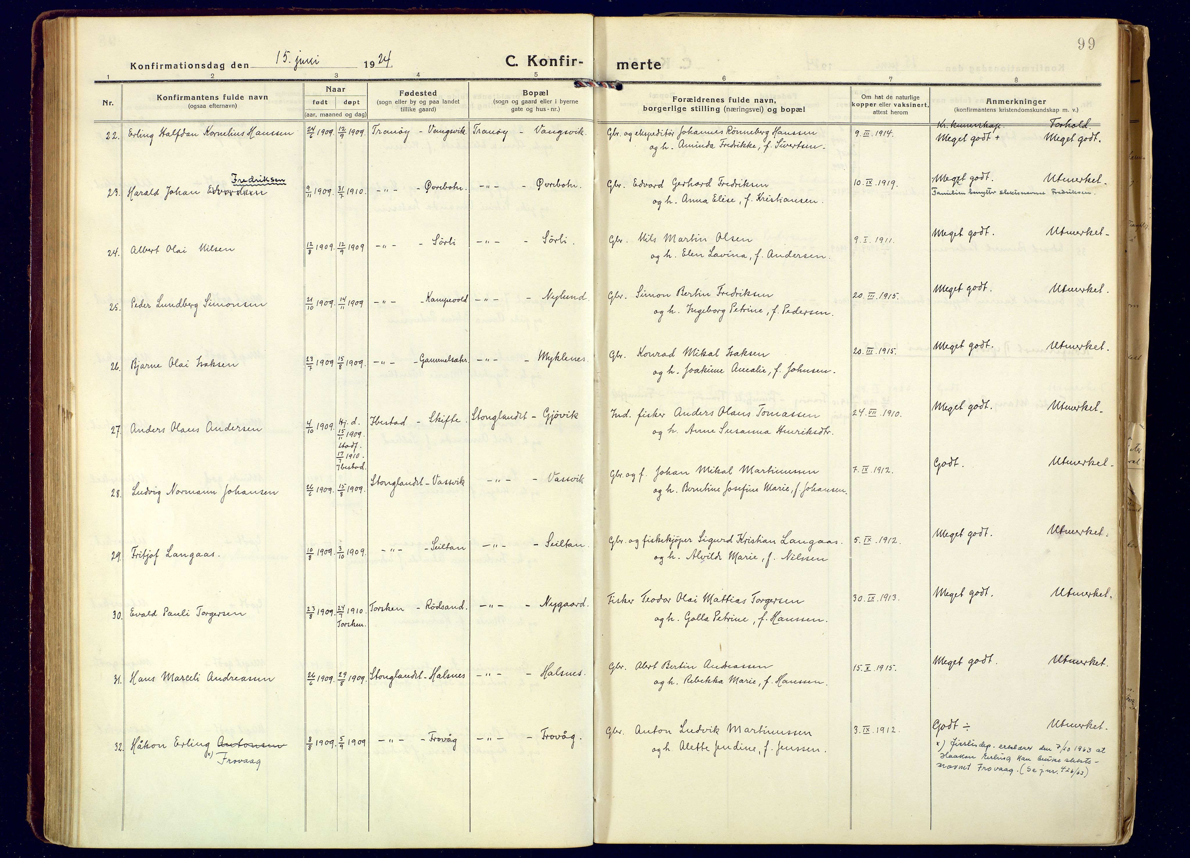 Tranøy sokneprestkontor, AV/SATØ-S-1313/I/Ia/Iaa/L0016kirke: Parish register (official) no. 16, 1919-1932, p. 99