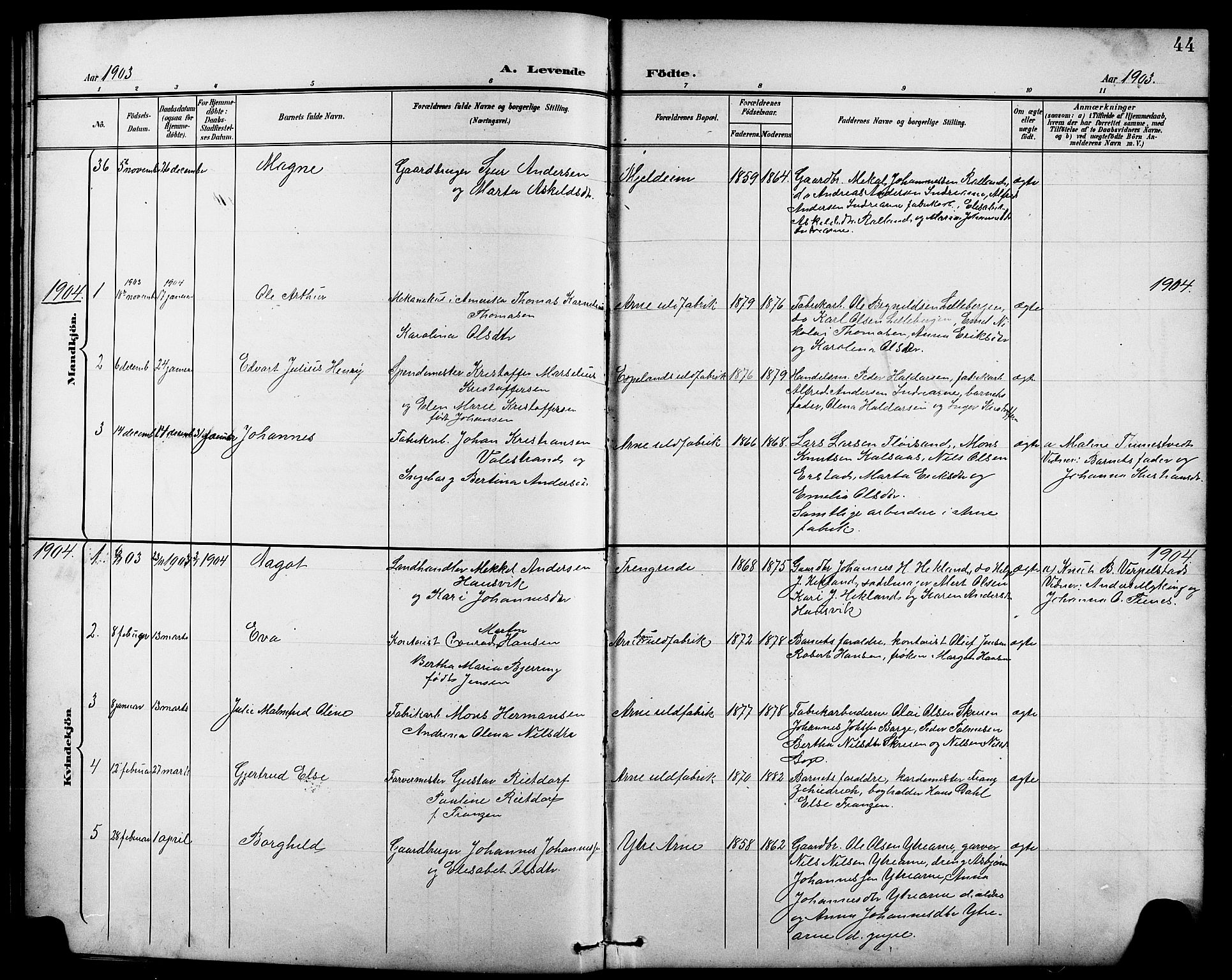 Arna Sokneprestembete, SAB/A-74001/H/Ha/Hab: Parish register (copy) no. A 4, 1898-1910, p. 44