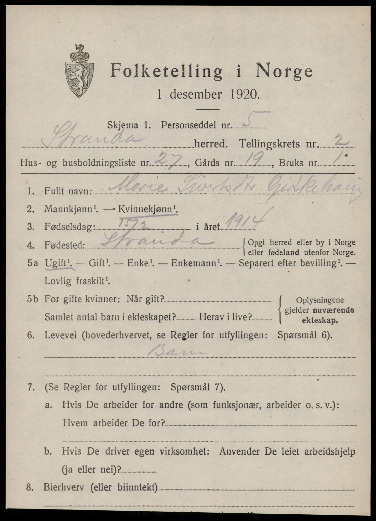 SAT, 1920 census for Stranda, 1920, p. 1237