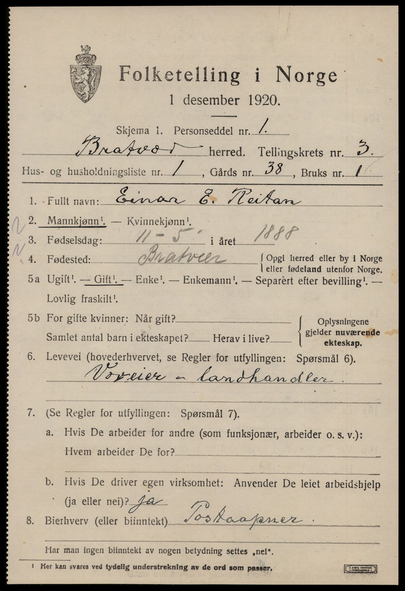 SAT, 1920 census for Brattvær, 1920, p. 1160