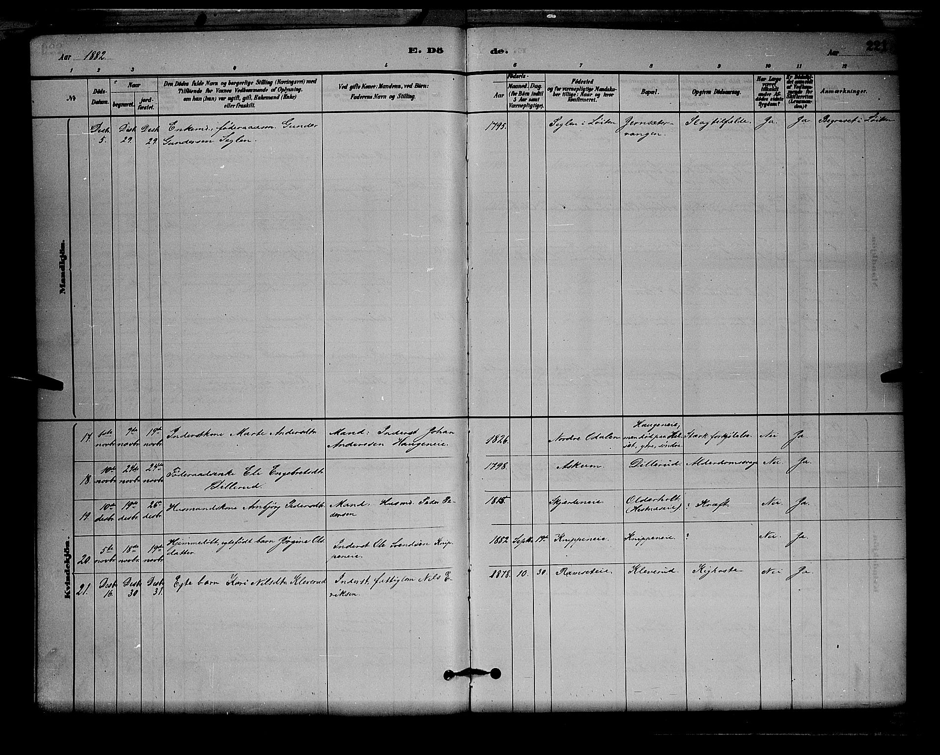 Stange prestekontor, AV/SAH-PREST-002/L/L0008: Parish register (copy) no. 8, 1882-1895, p. 221