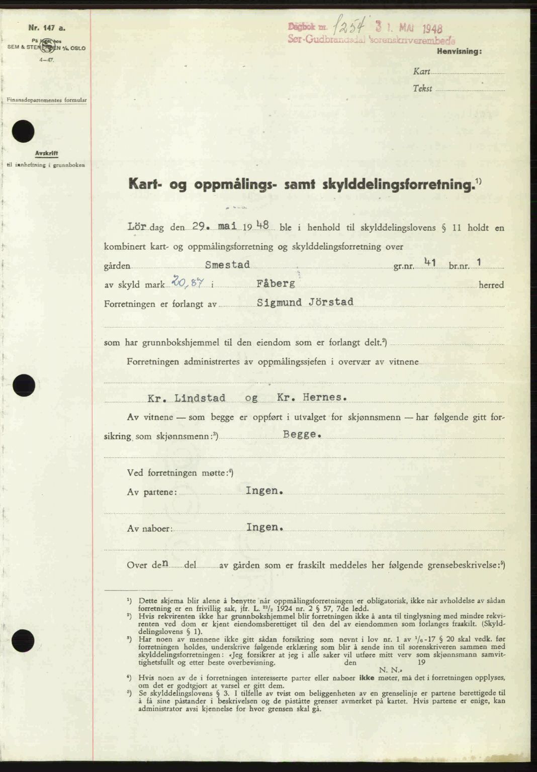 Sør-Gudbrandsdal tingrett, SAH/TING-004/H/Hb/Hbd/L0022: Mortgage book no. A22, 1948-1948, Diary no: : 1254/1948