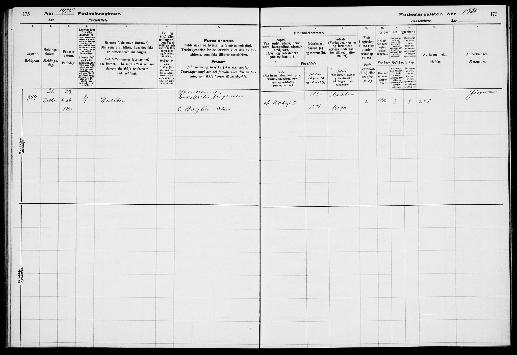 Sandviken Sokneprestembete, AV/SAB-A-77601/I/Ib/L00A3: Birth register no. A 3, 1923-1926, p. 175