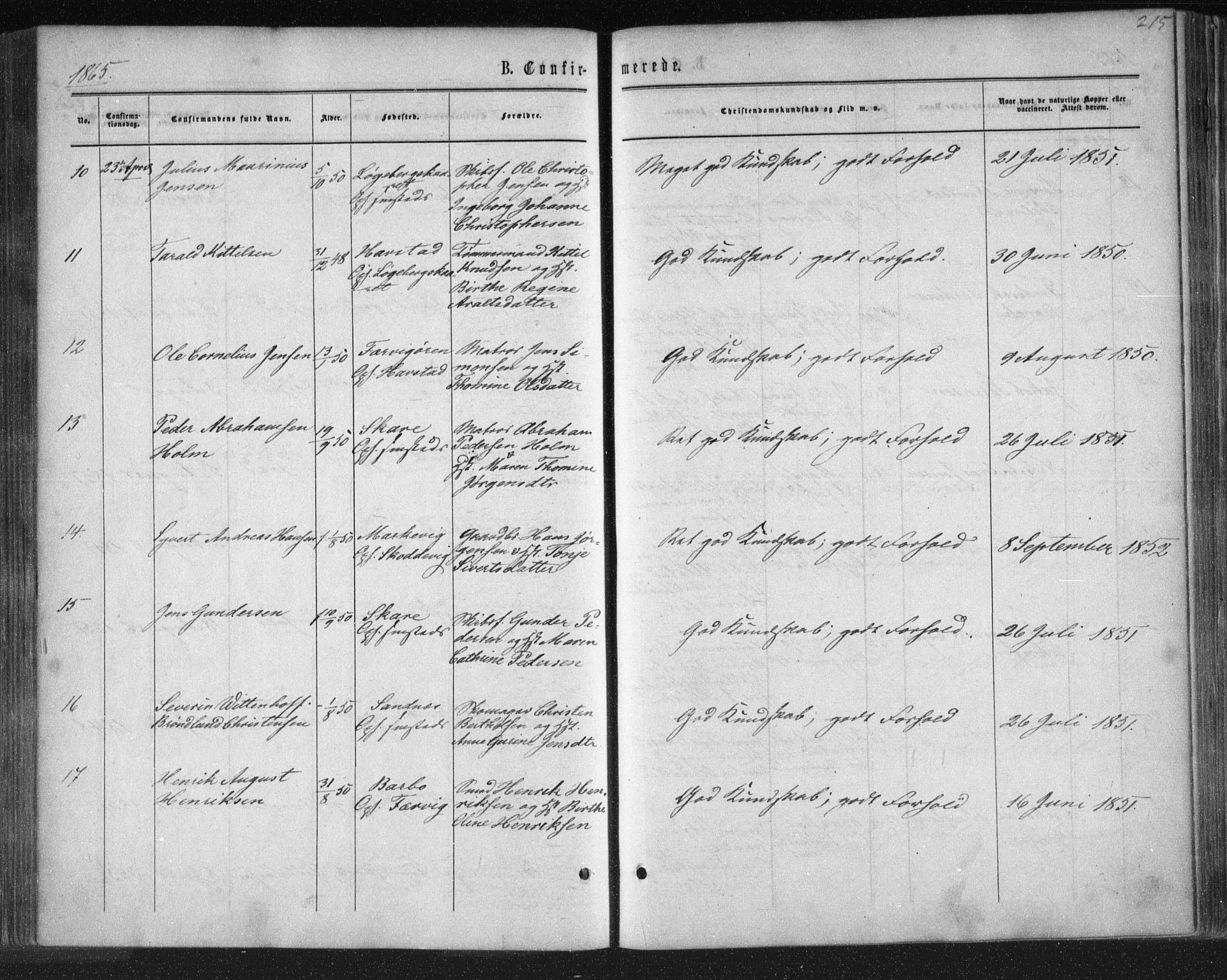 Tromøy sokneprestkontor, SAK/1111-0041/F/Fa/L0007: Parish register (official) no. A 7, 1864-1869, p. 215