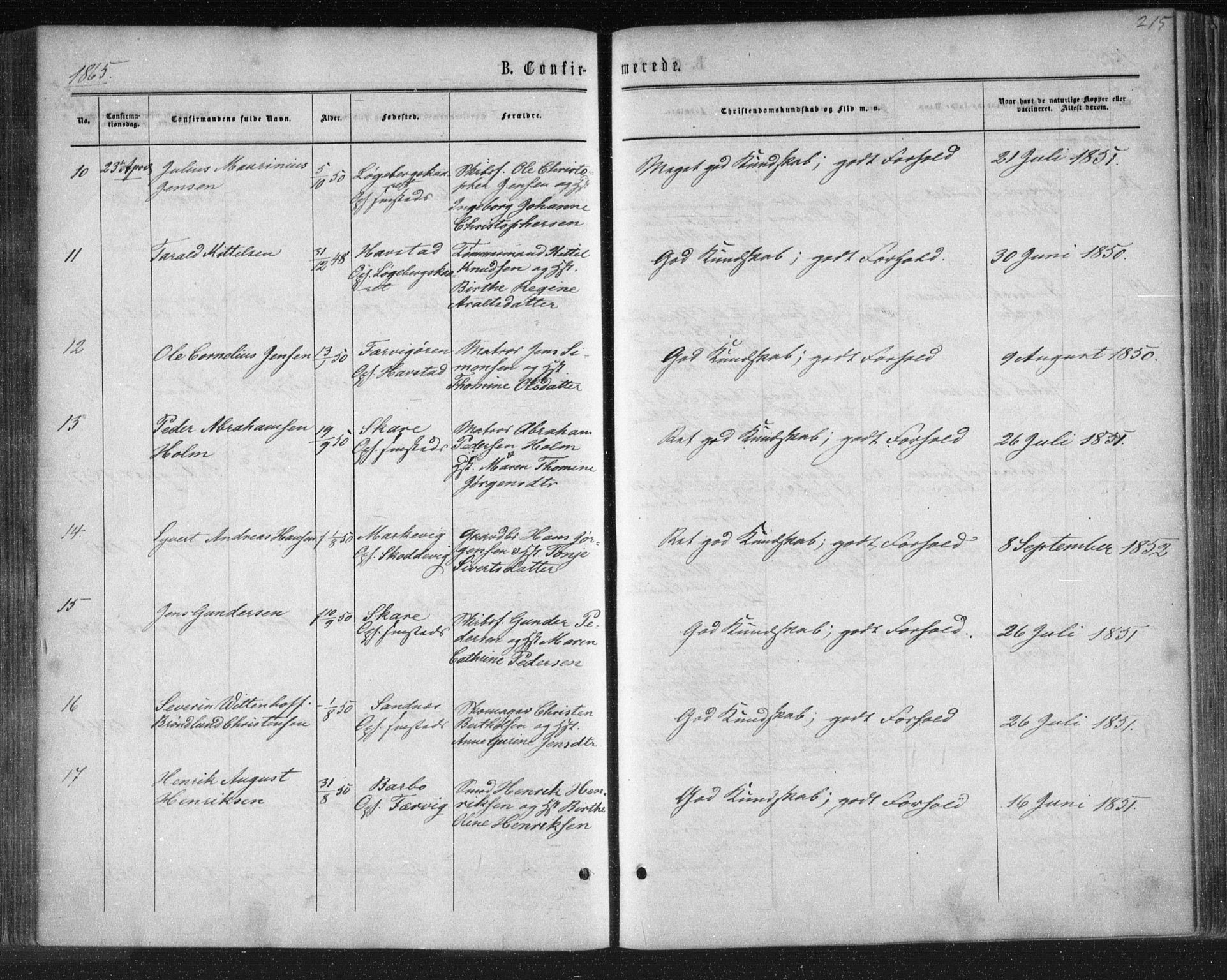 Tromøy sokneprestkontor, AV/SAK-1111-0041/F/Fa/L0007: Parish register (official) no. A 7, 1864-1869, p. 215