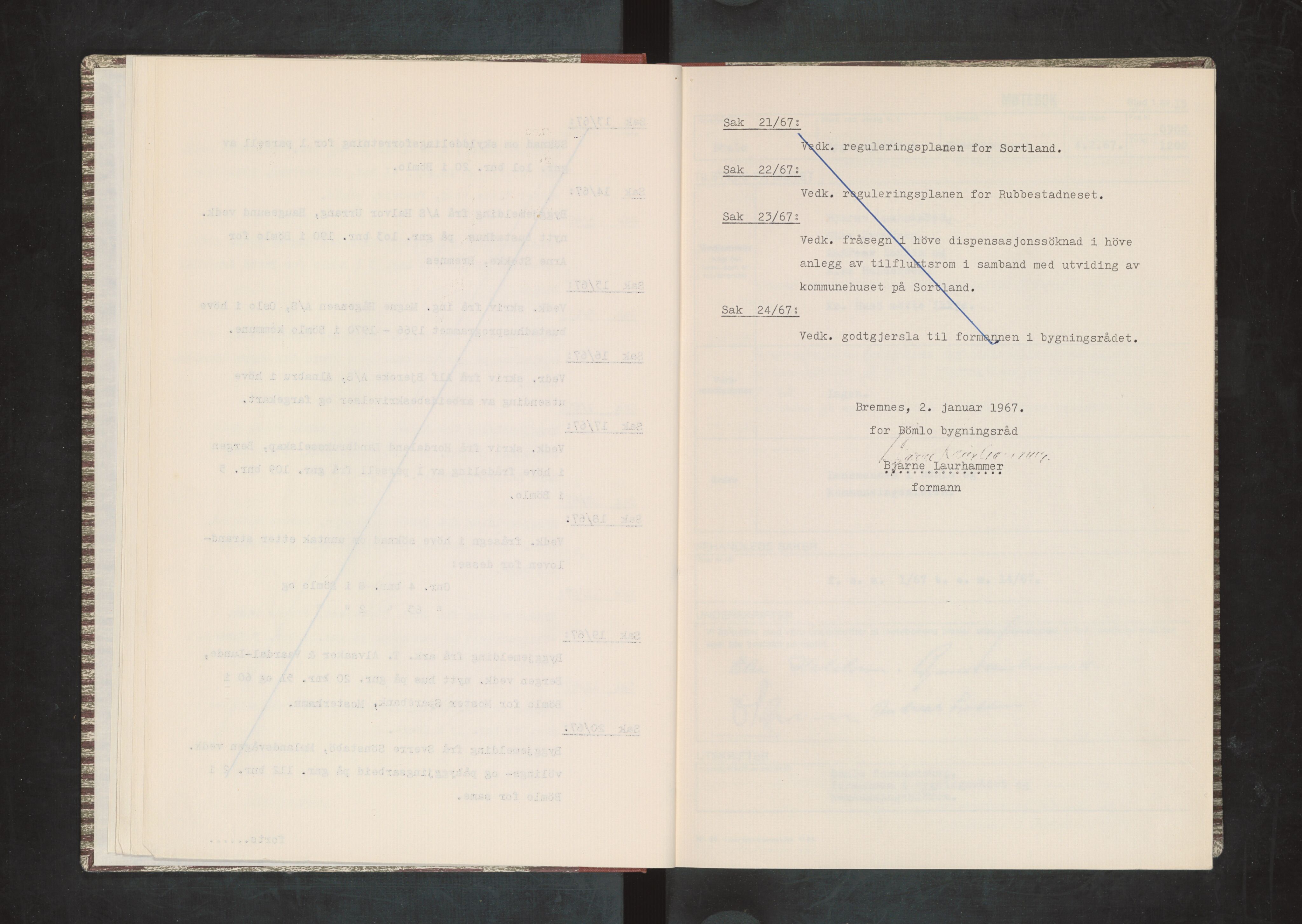 Bømlo kommune. Bygningsrådet , IKAH/1219-511/A/Aa/L0002: Møtebok for Bømlo bygningsråd, 1967