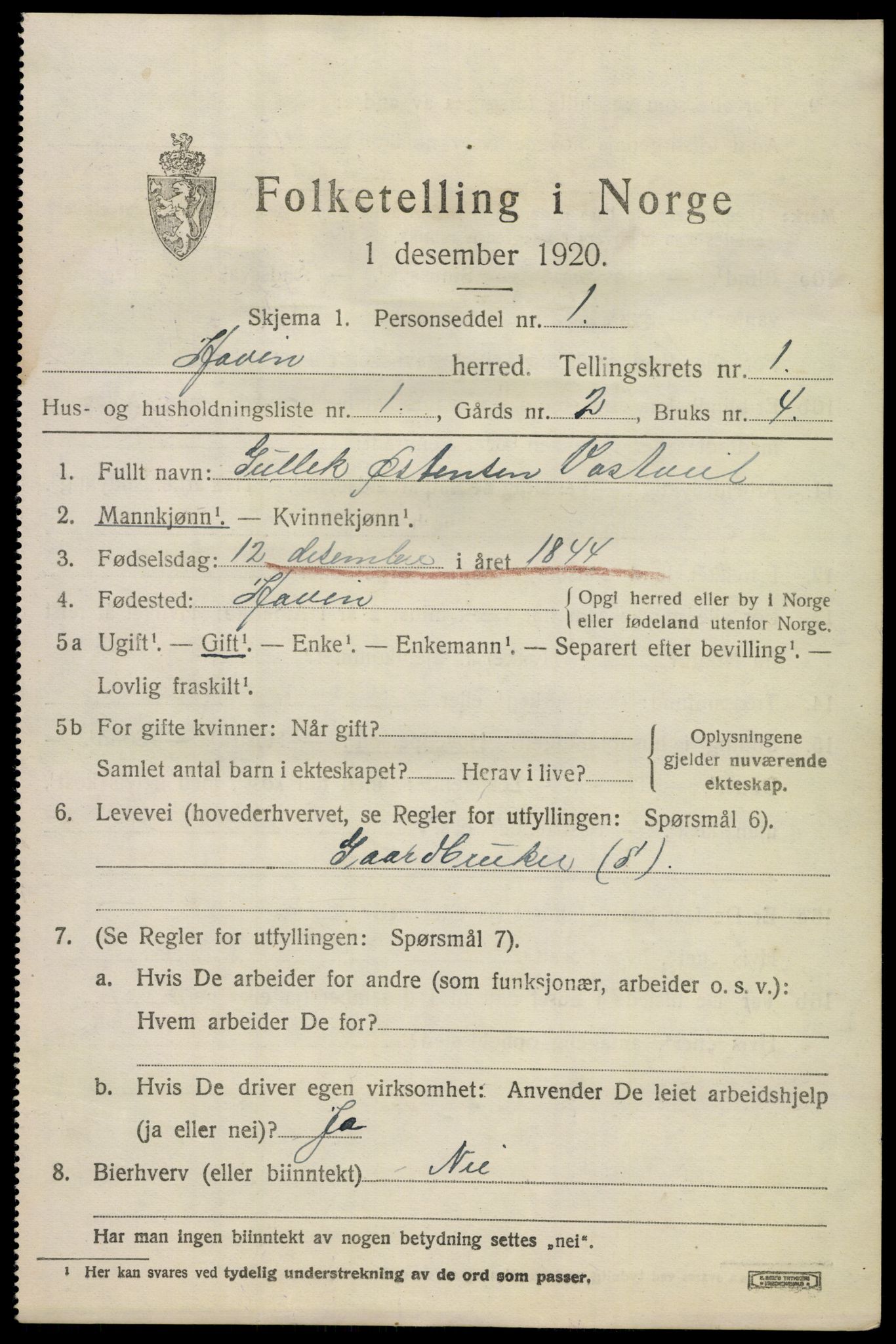 SAKO, 1920 census for Hovin, 1920, p. 357