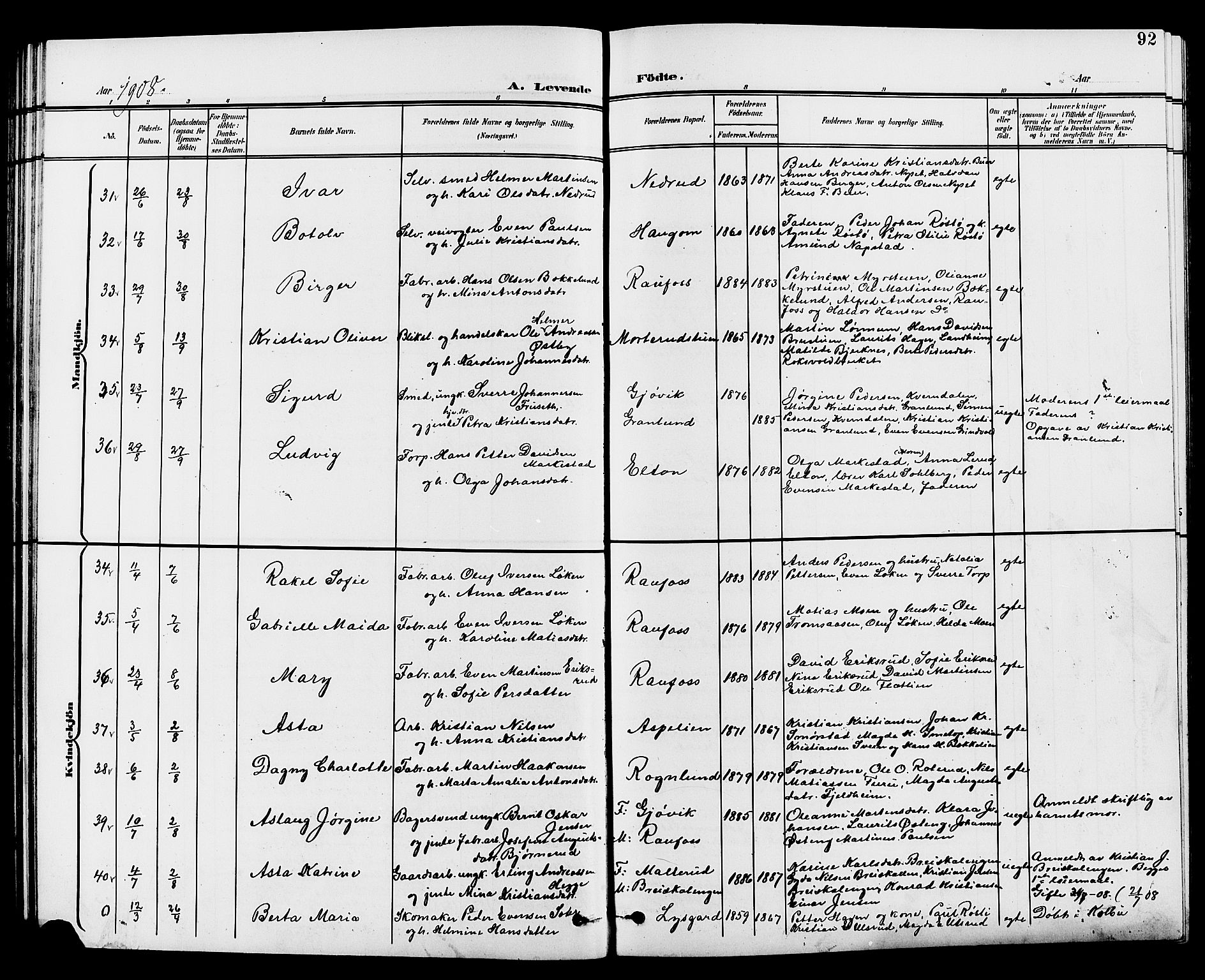 Vestre Toten prestekontor, AV/SAH-PREST-108/H/Ha/Hab/L0010: Parish register (copy) no. 10, 1900-1912, p. 92