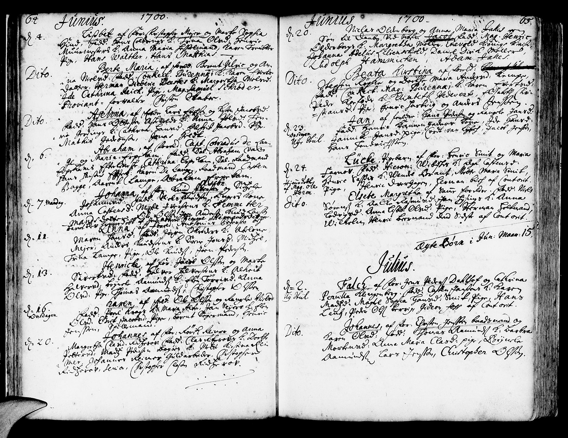 Korskirken sokneprestembete, AV/SAB-A-76101/H/Haa/L0003: Parish register (official) no. A 3, 1698-1719, p. 64-65