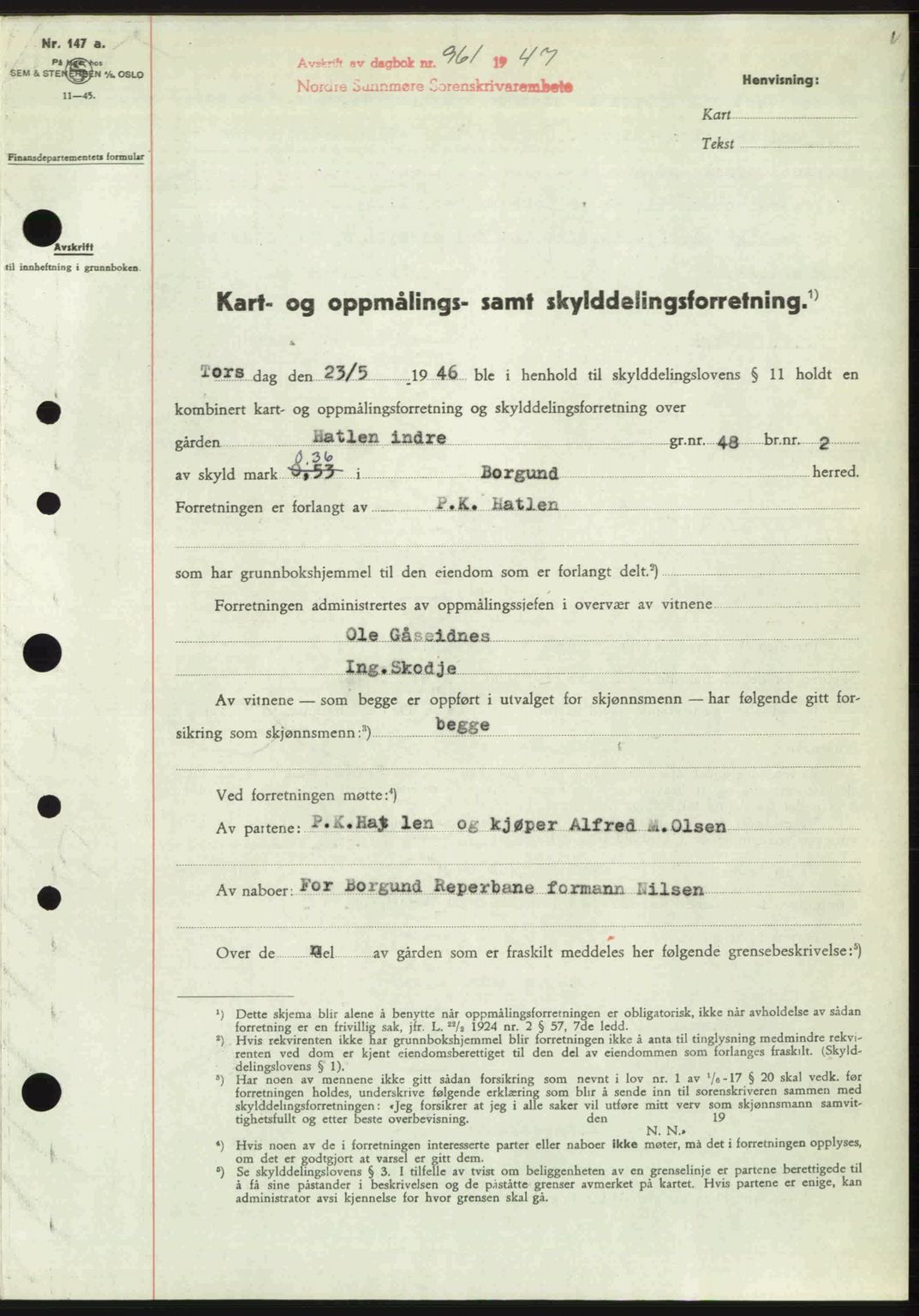 Nordre Sunnmøre sorenskriveri, AV/SAT-A-0006/1/2/2C/2Ca: Mortgage book no. A24, 1947-1947, Diary no: : 961/1947