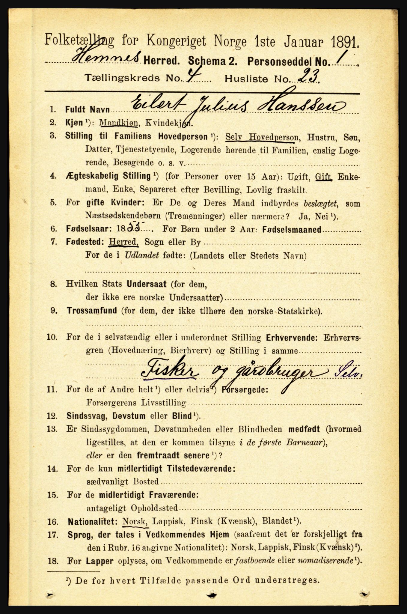 RA, 1891 census for 1832 Hemnes, 1891, p. 2391