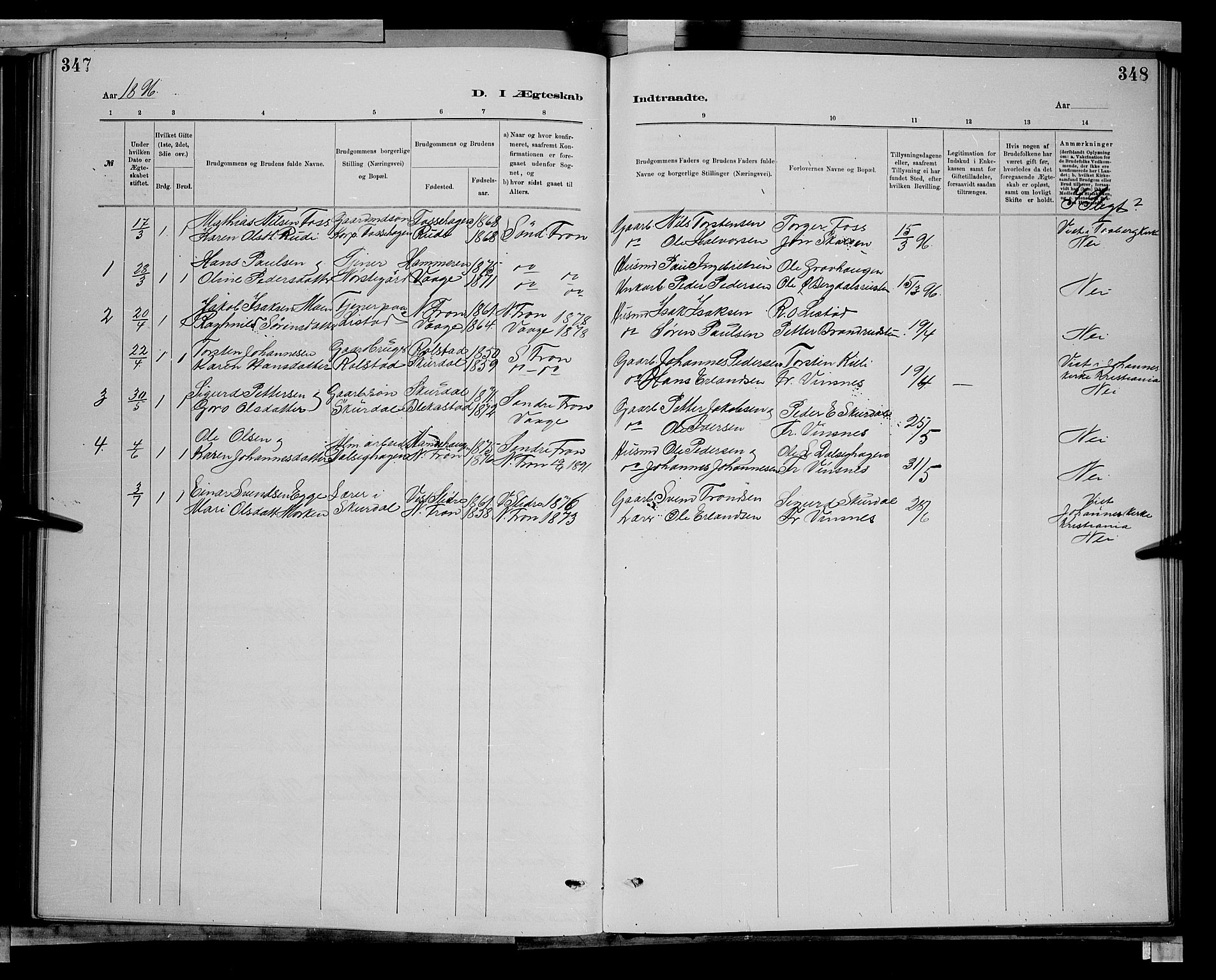 Sør-Fron prestekontor, SAH/PREST-010/H/Ha/Hab/L0003: Parish register (copy) no. 3, 1884-1896, p. 347-348