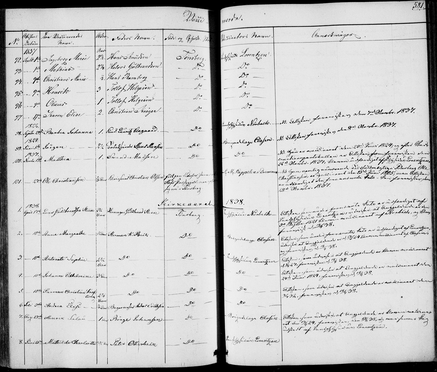 Tønsberg kirkebøker, AV/SAKO-A-330/F/Fa/L0006: Parish register (official) no. I 6, 1836-1844, p. 581