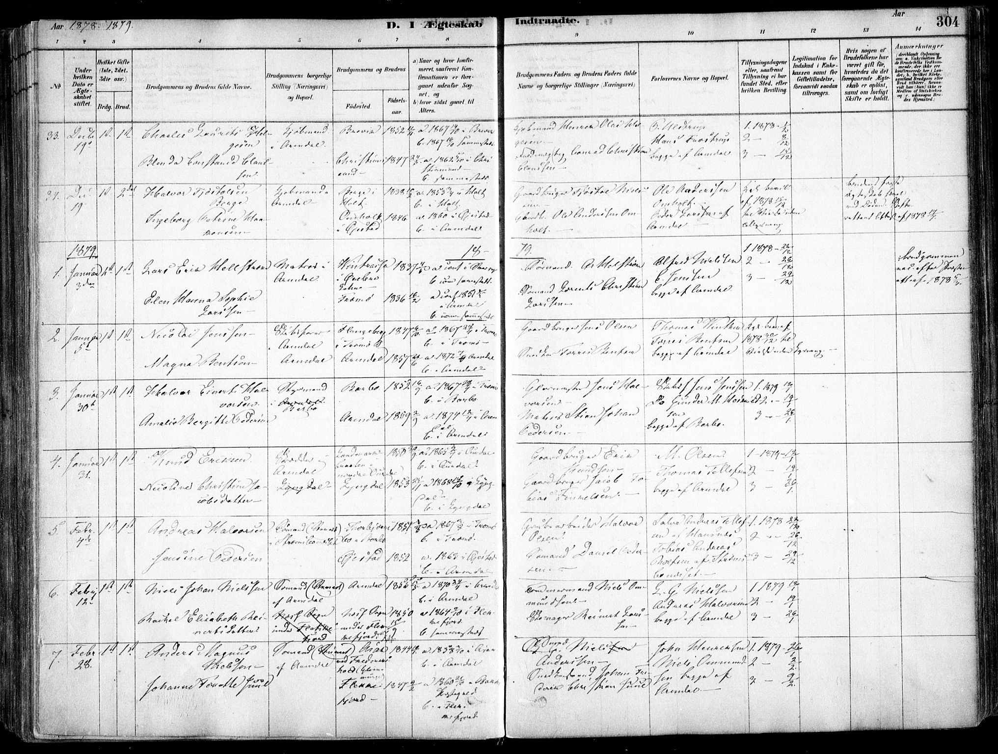 Arendal sokneprestkontor, Trefoldighet, SAK/1111-0040/F/Fa/L0008: Parish register (official) no. A 8, 1878-1899, p. 304