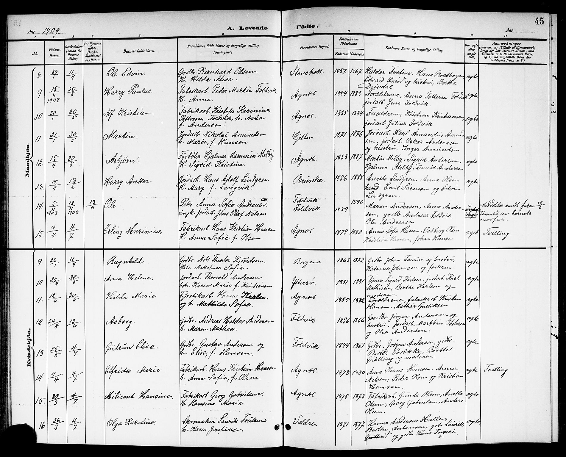 Brunlanes kirkebøker, SAKO/A-342/G/Ga/L0004: Parish register (copy) no. I 4, 1898-1921, p. 45