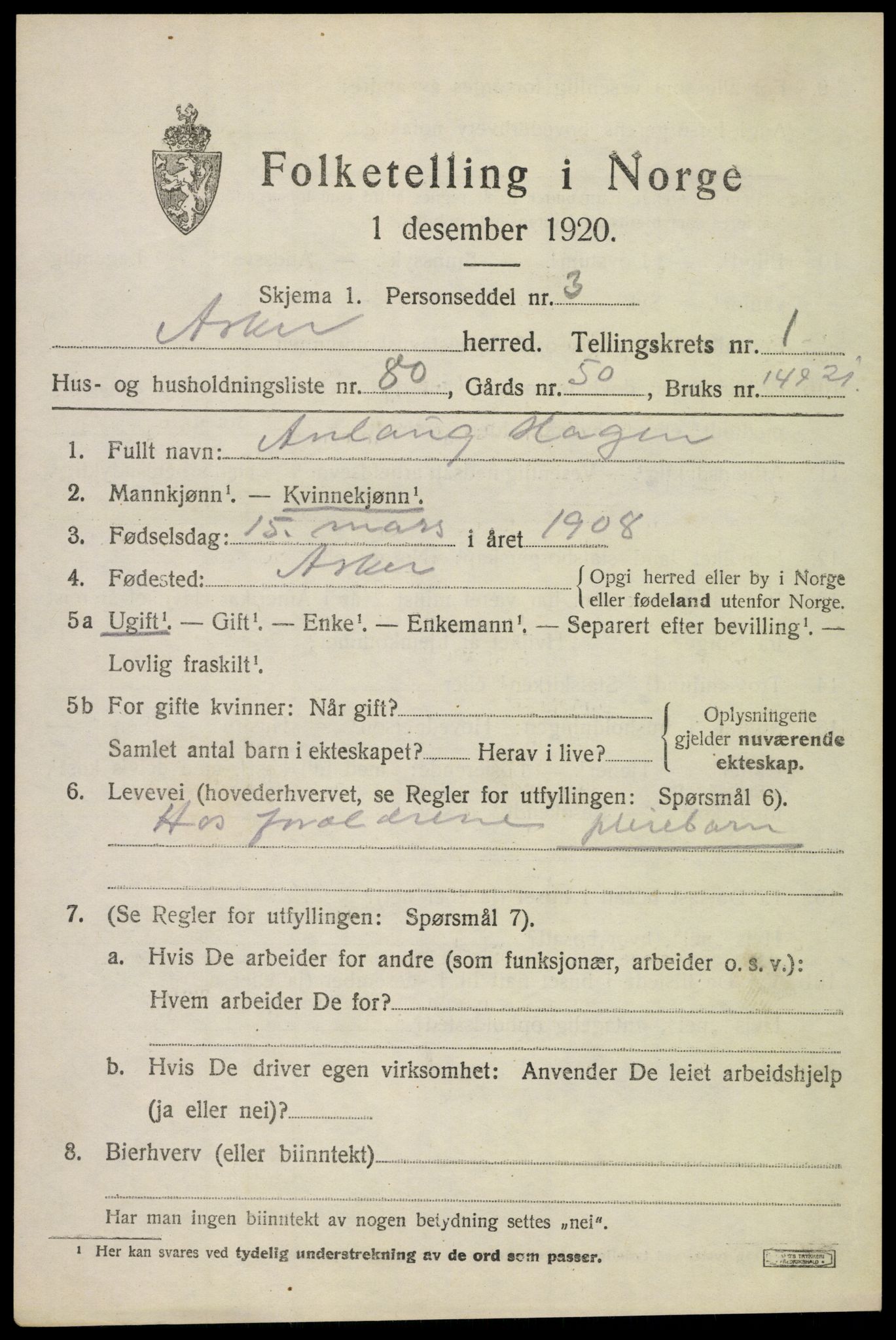 SAO, 1920 census for Asker, 1920, p. 3516