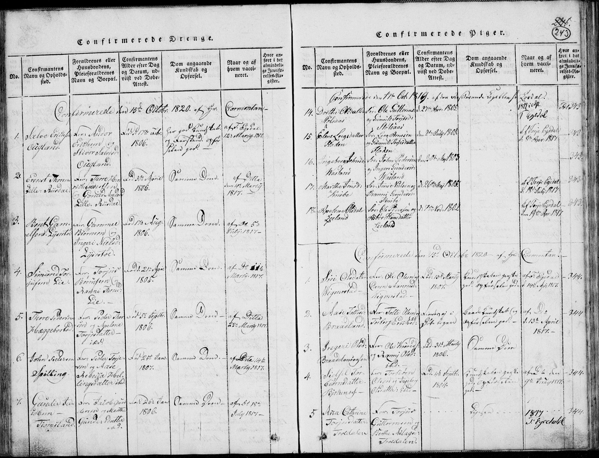 Nord-Audnedal sokneprestkontor, AV/SAK-1111-0032/F/Fb/Fbb/L0001: Parish register (copy) no. B 1, 1816-1858, p. 243