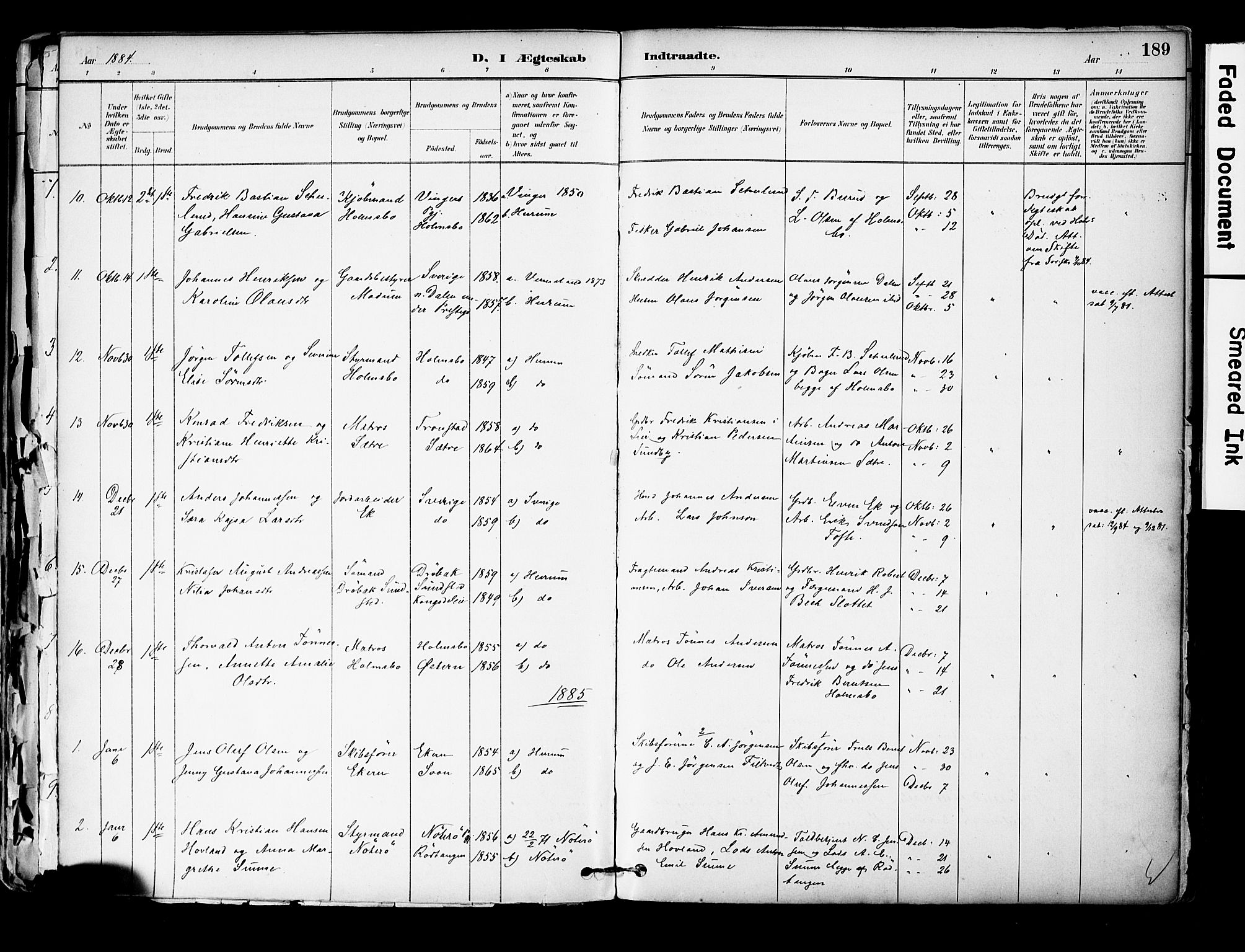 Hurum kirkebøker, SAKO/A-229/F/Fa/L0014: Parish register (official) no. 14, 1882-1895, p. 189