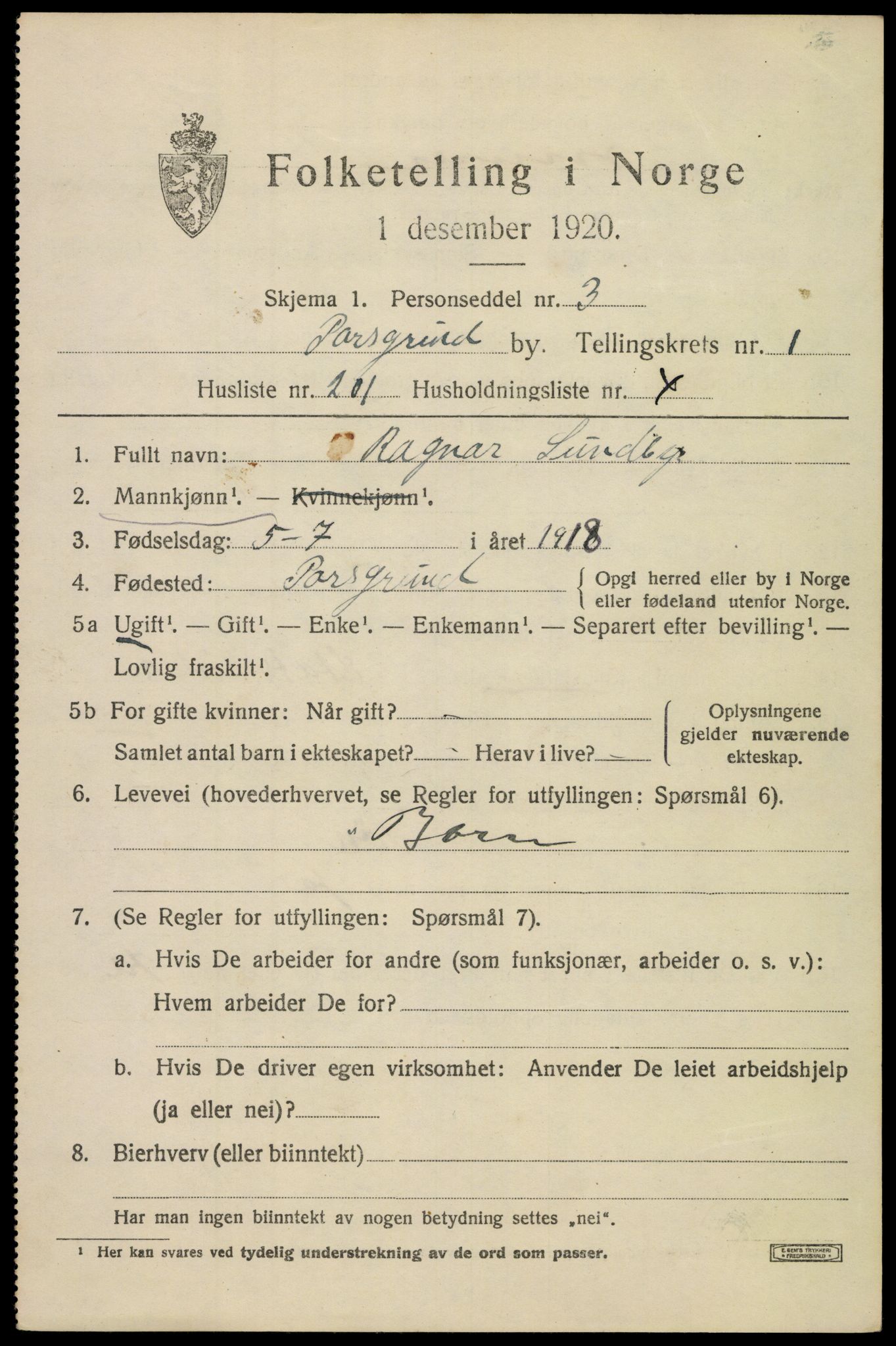 SAKO, 1920 census for Porsgrunn, 1920, p. 9429