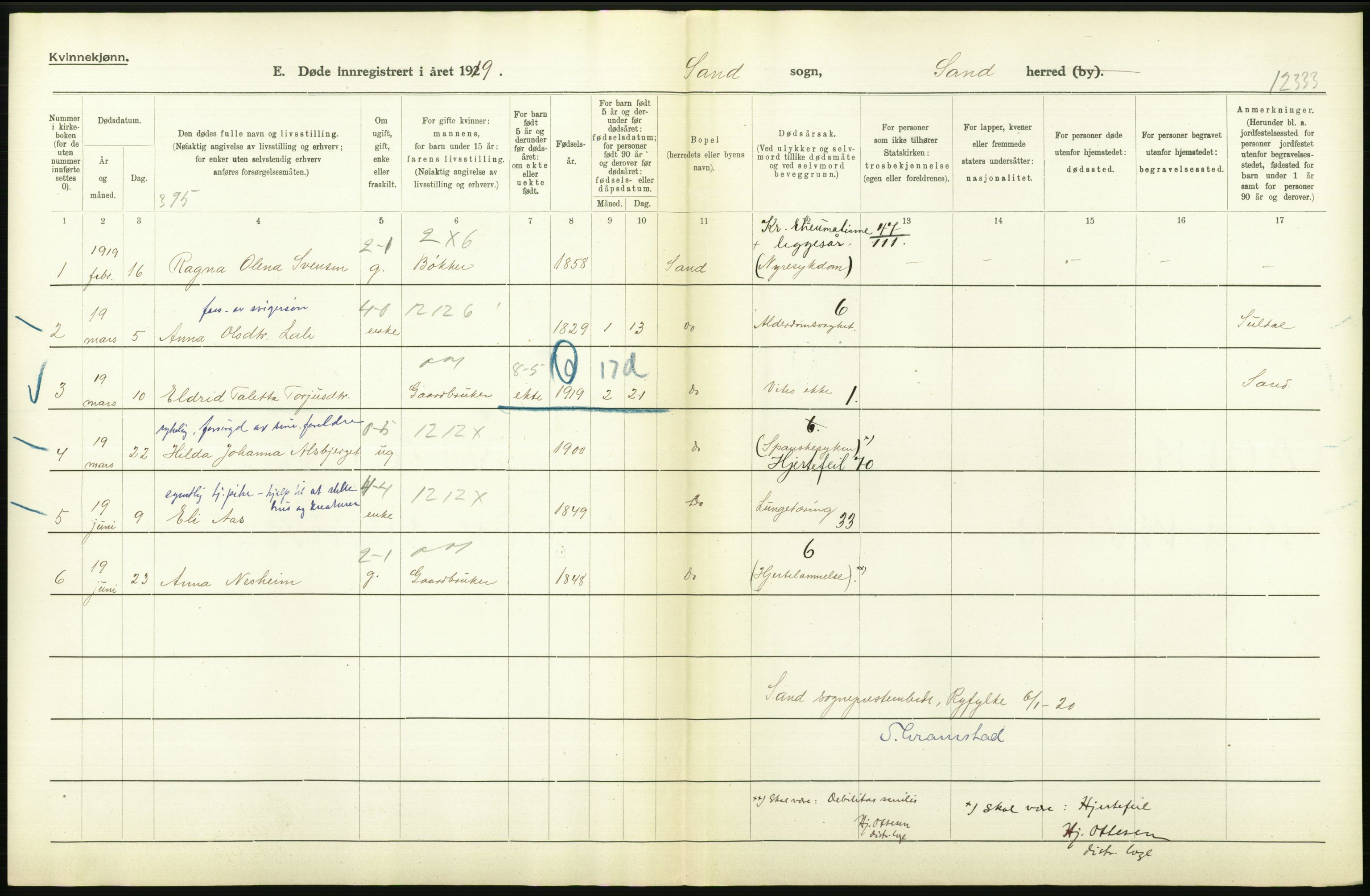 Statistisk sentralbyrå, Sosiodemografiske emner, Befolkning, AV/RA-S-2228/D/Df/Dfb/Dfbi/L0030: Rogaland fylke: Døde. Bygder og byer., 1919, p. 312