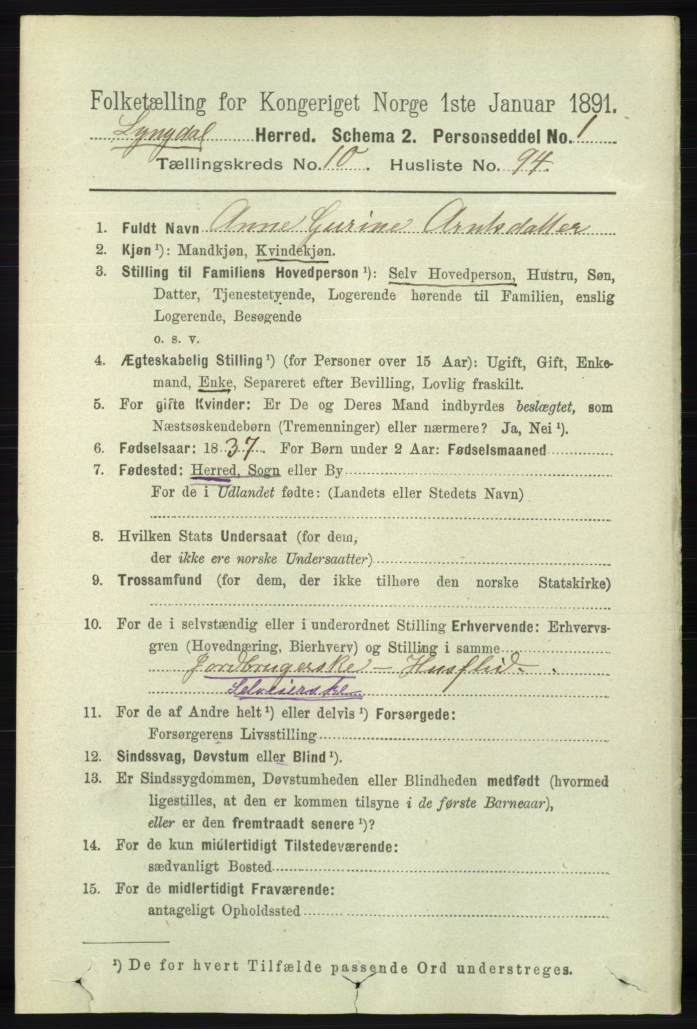 RA, 1891 census for 1032 Lyngdal, 1891, p. 4723