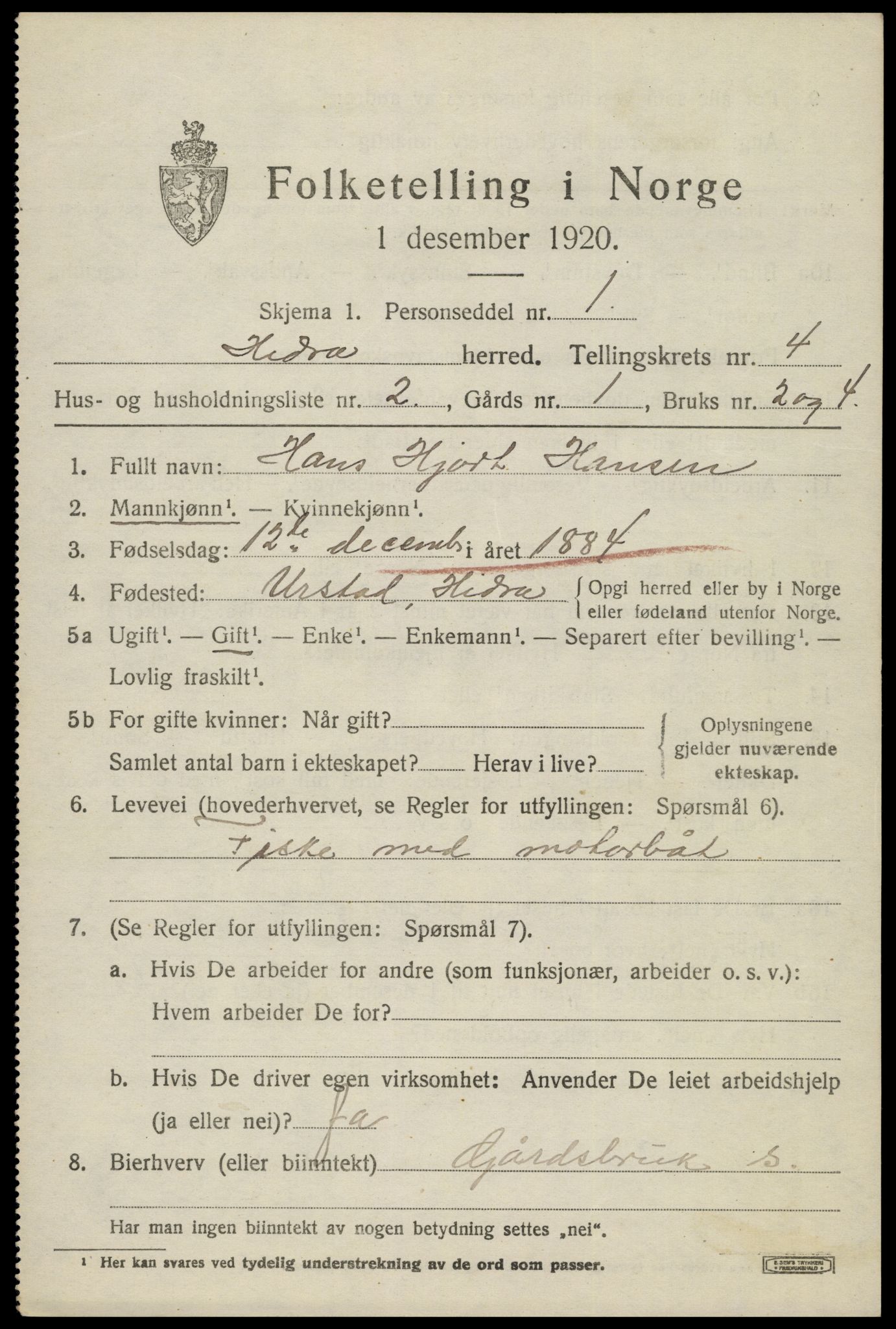 SAK, 1920 census for Hidra, 1920, p. 2096