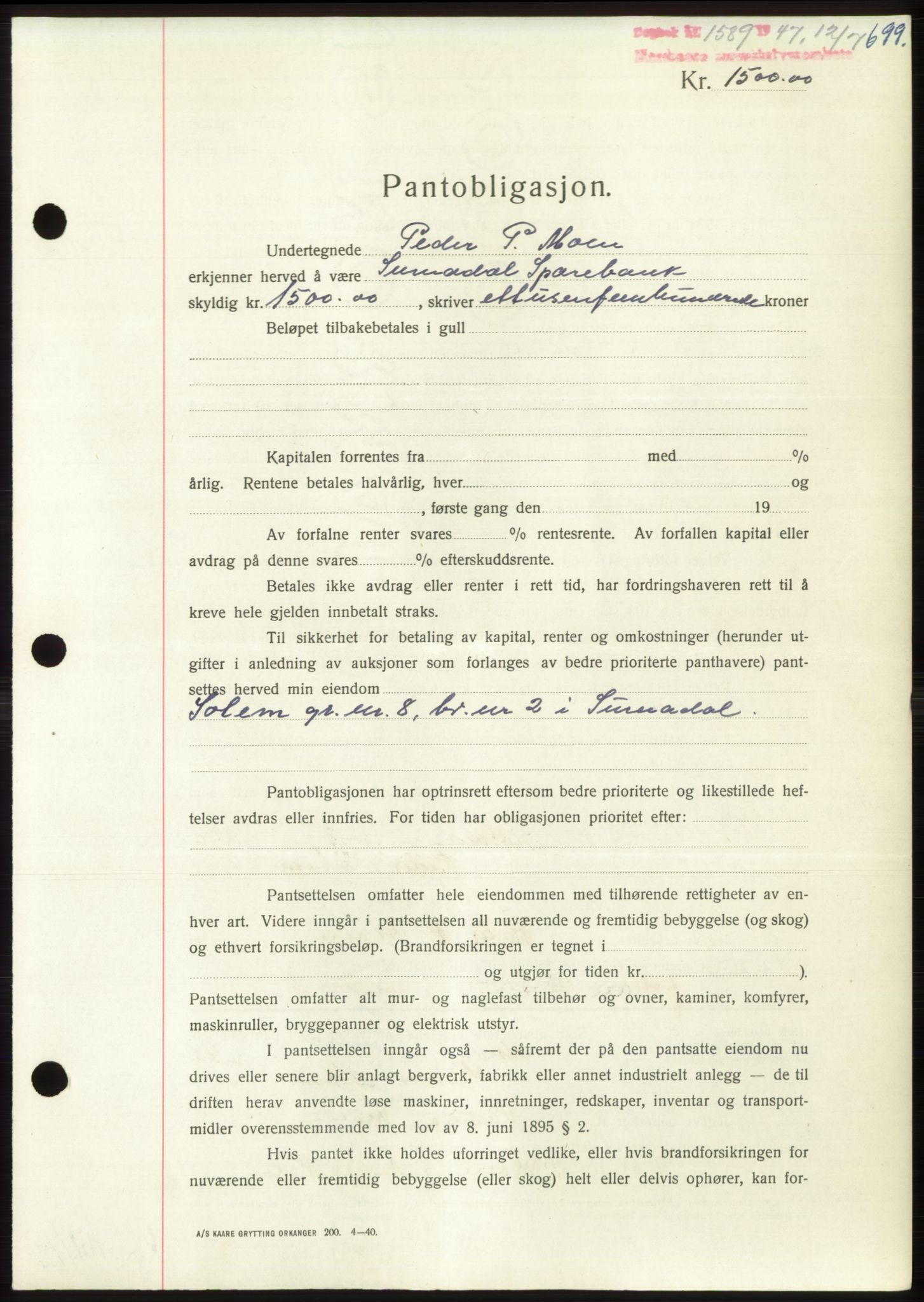 Nordmøre sorenskriveri, AV/SAT-A-4132/1/2/2Ca: Mortgage book no. B96, 1947-1947, Diary no: : 1589/1947