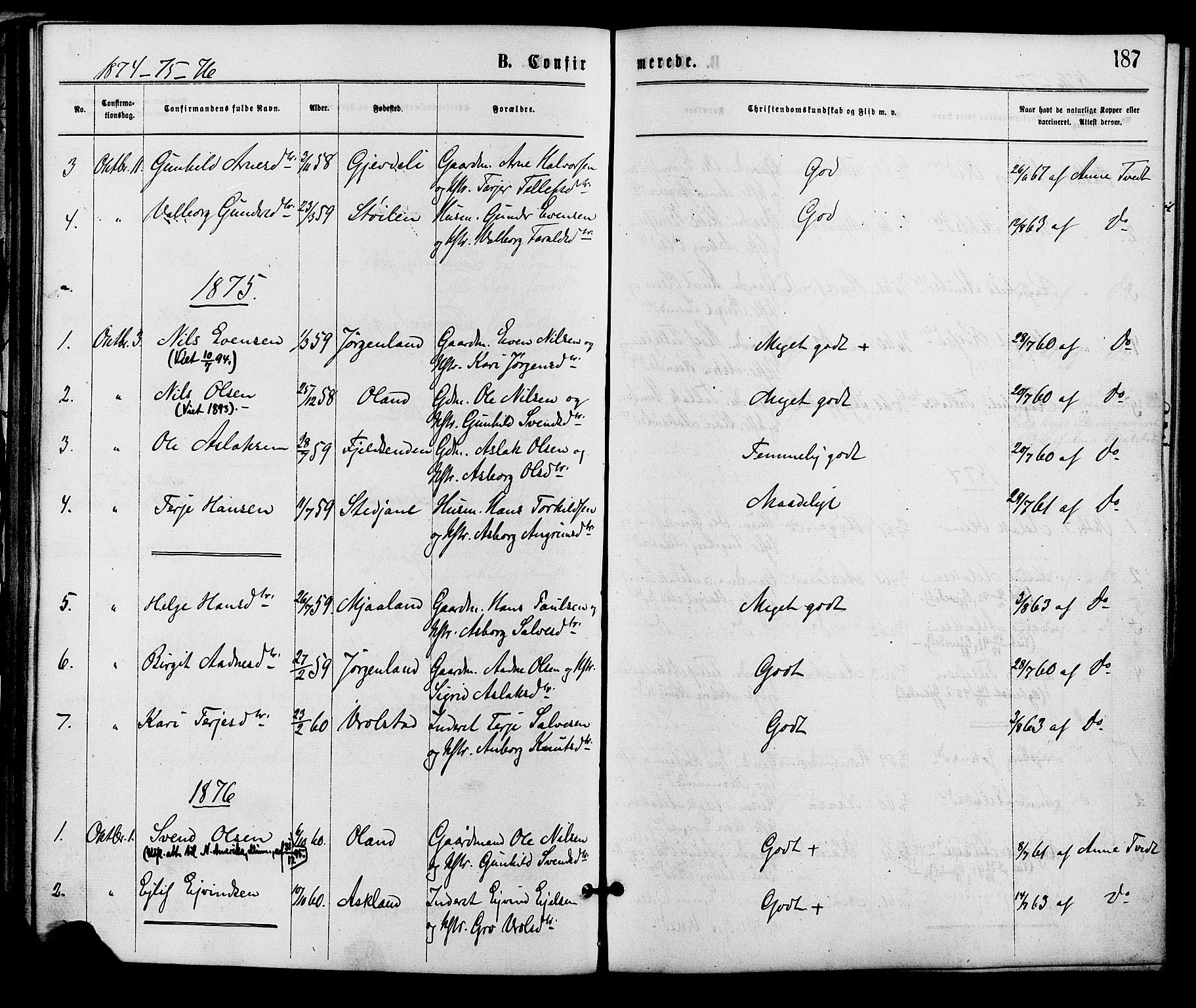 Åmli sokneprestkontor, SAK/1111-0050/F/Fa/Fac/L0009: Parish register (official) no. A 9 /2, 1869-1884, p. 187