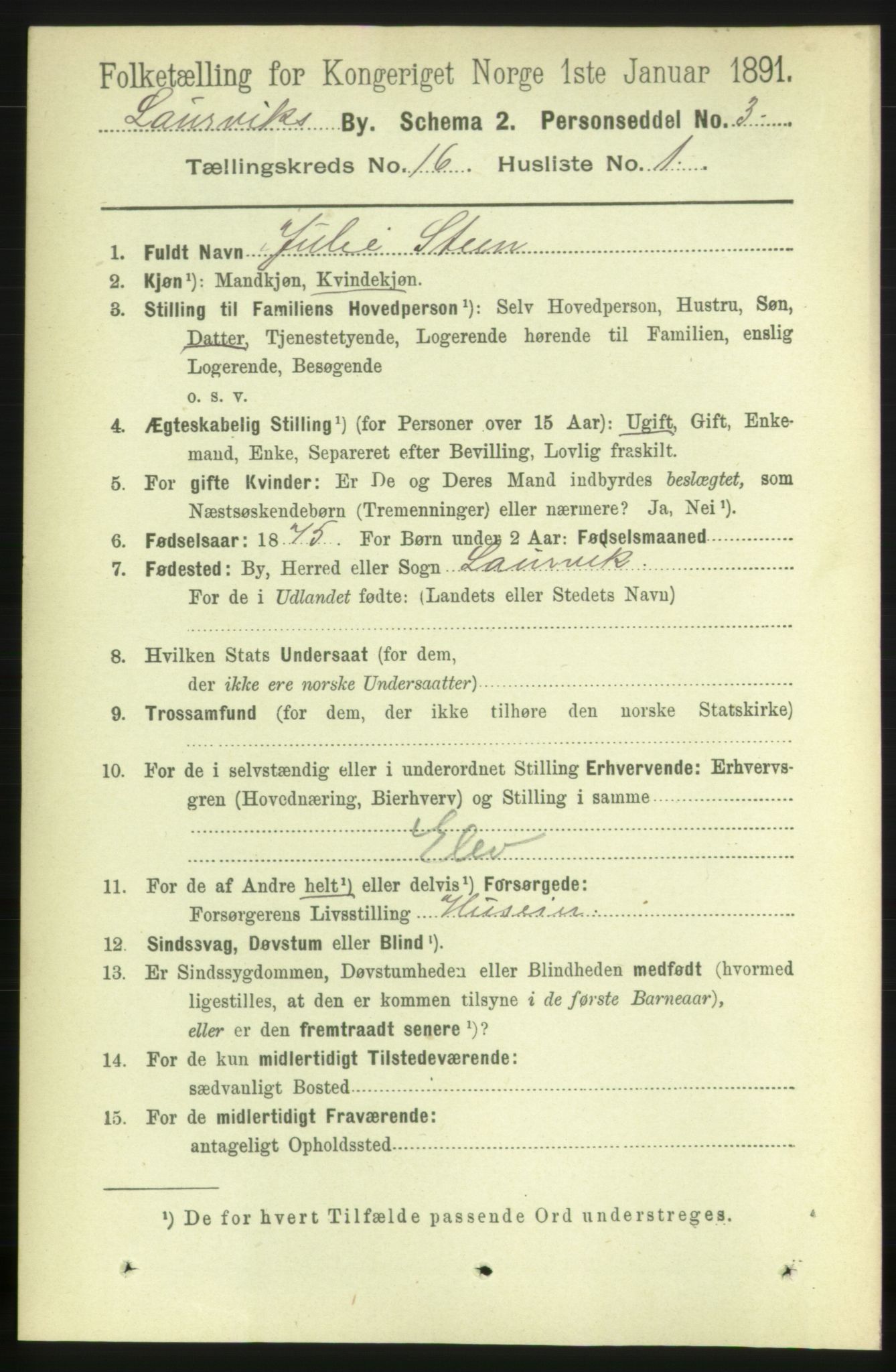 RA, 1891 census for 0707 Larvik, 1891, p. 11620