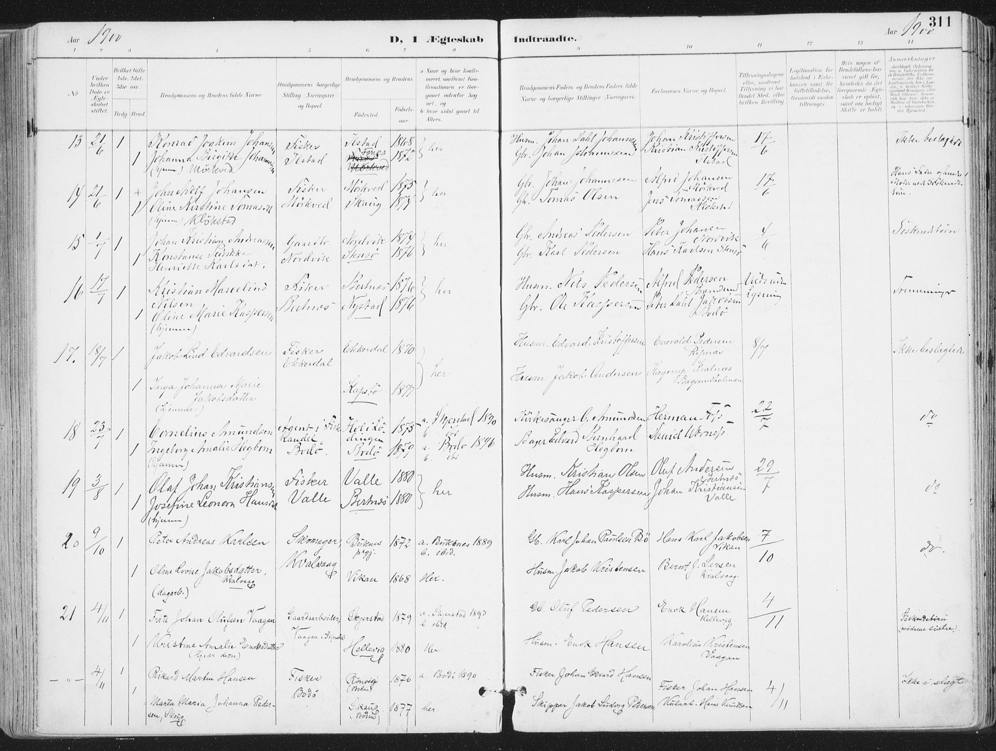 Ministerialprotokoller, klokkerbøker og fødselsregistre - Nordland, SAT/A-1459/802/L0055: Parish register (official) no. 802A02, 1894-1915, p. 311