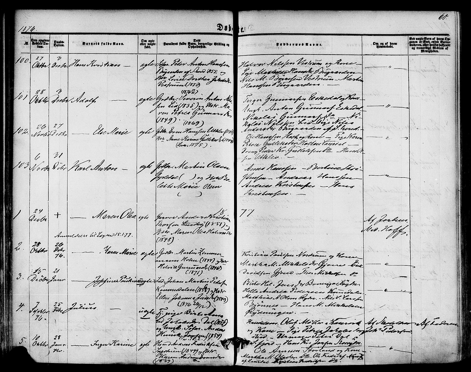 Hedrum kirkebøker, SAKO/A-344/F/Fa/L0008: Parish register (official) no. I 8, 1869-1880, p. 60