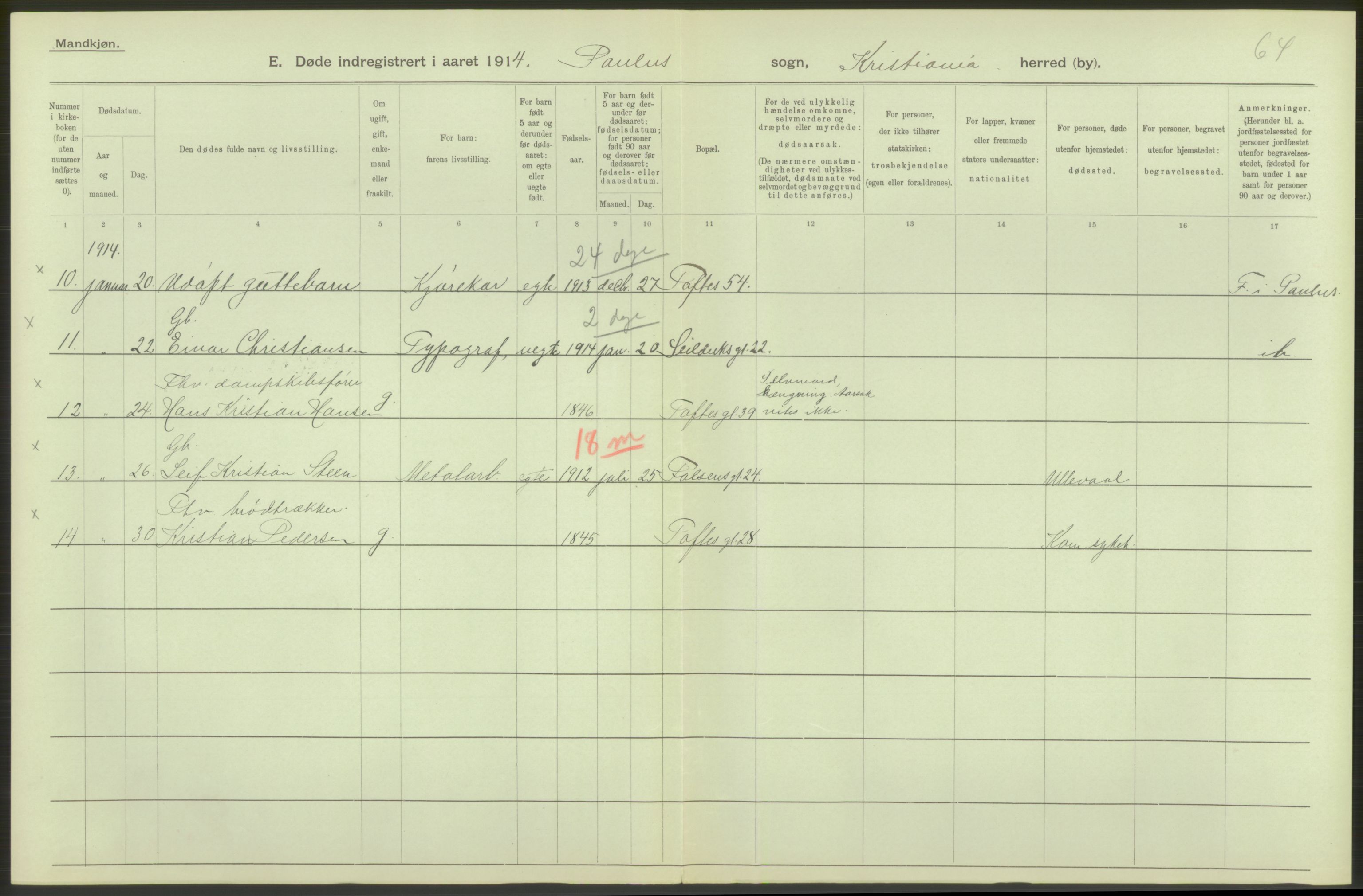 Statistisk sentralbyrå, Sosiodemografiske emner, Befolkning, AV/RA-S-2228/D/Df/Dfb/Dfbd/L0008: Kristiania: Døde, 1914, p. 278