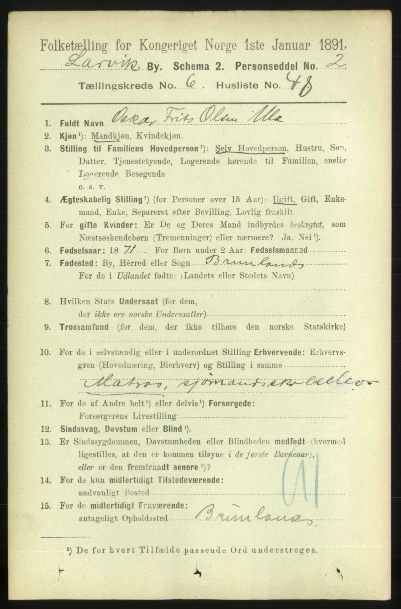 RA, 1891 census for 0707 Larvik, 1891, p. 7149