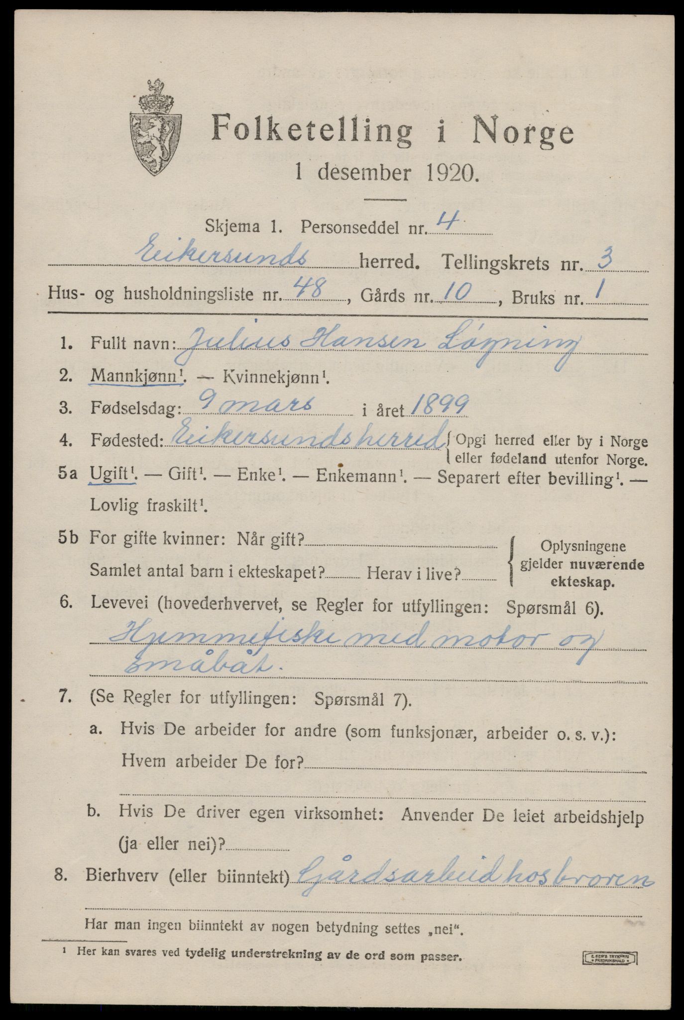 SAST, 1920 census for Eigersund, 1920, p. 2791