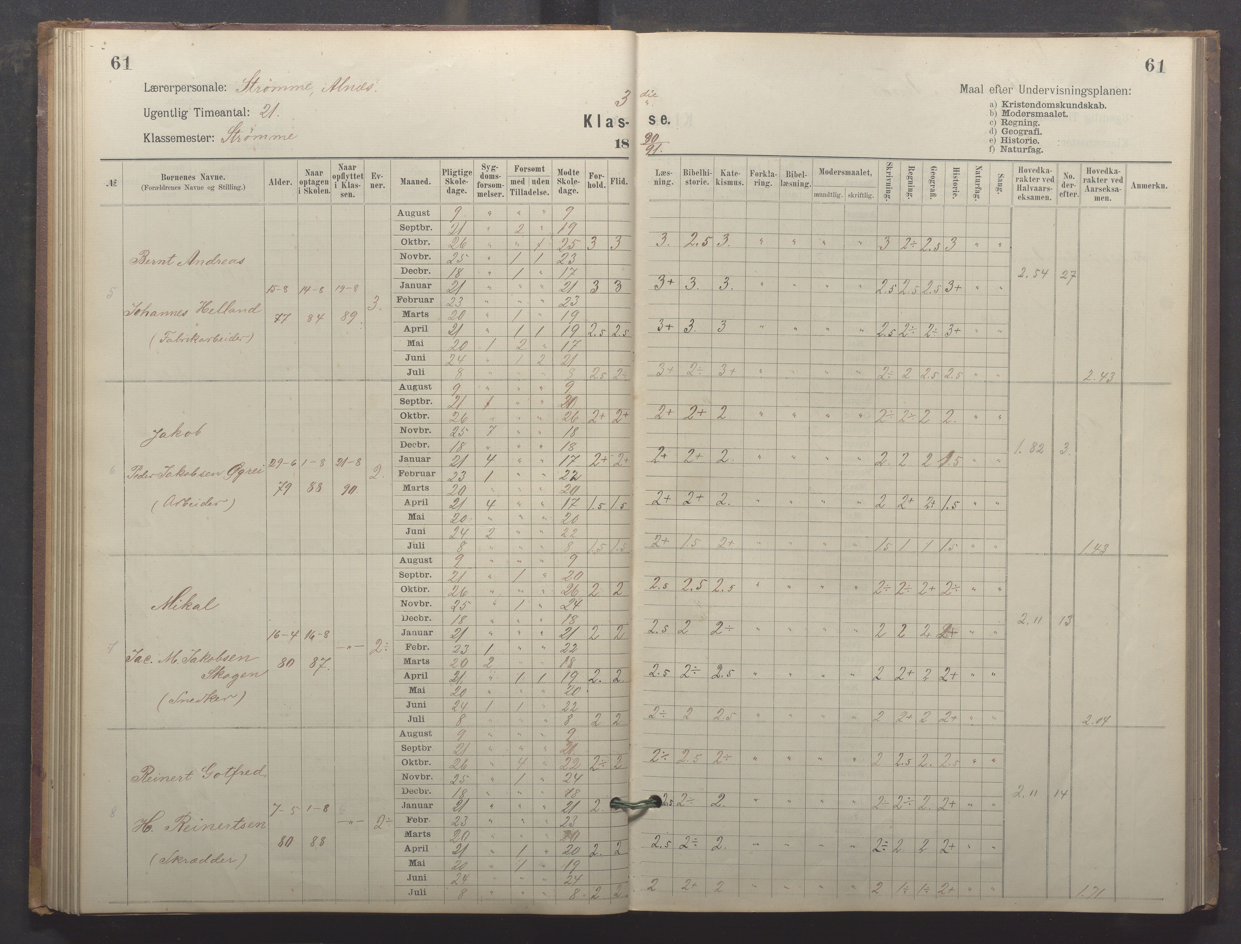 Egersund kommune (Ladested) - Egersund almueskole/folkeskole, IKAR/K-100521/H/L0024: Skoleprotokoll - Almueskolen, 3. klasse, 1887-1892, p. 61