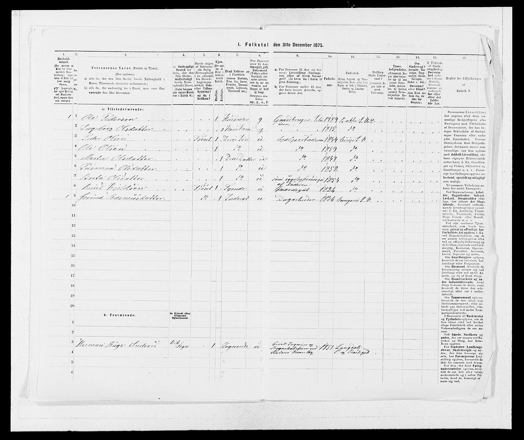 SAB, 1875 census for 1236P Vossestrand, 1875, p. 380