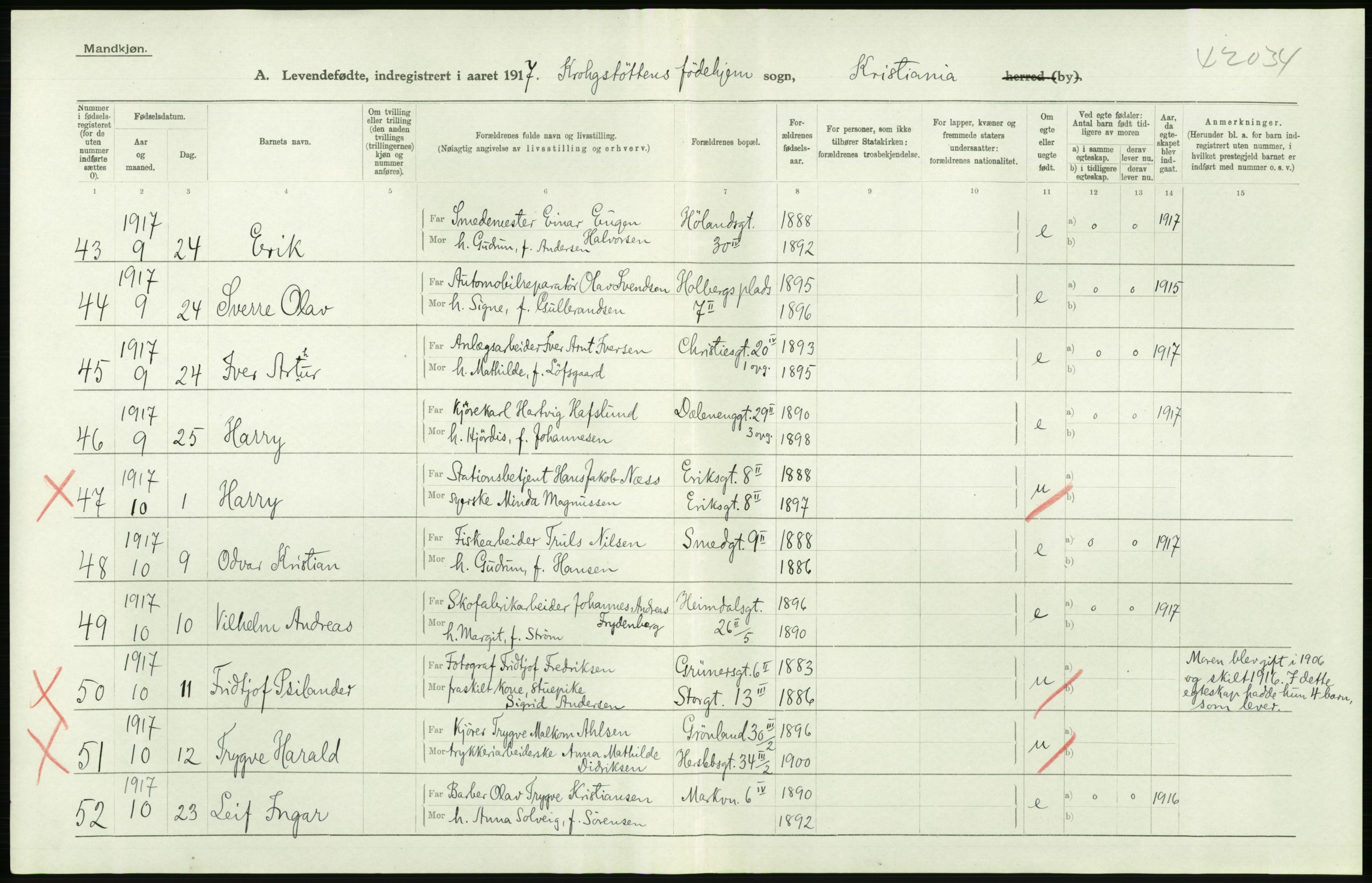 Statistisk sentralbyrå, Sosiodemografiske emner, Befolkning, AV/RA-S-2228/D/Df/Dfb/Dfbg/L0007: Kristiania: Levendefødte menn og kvinner., 1917, p. 818