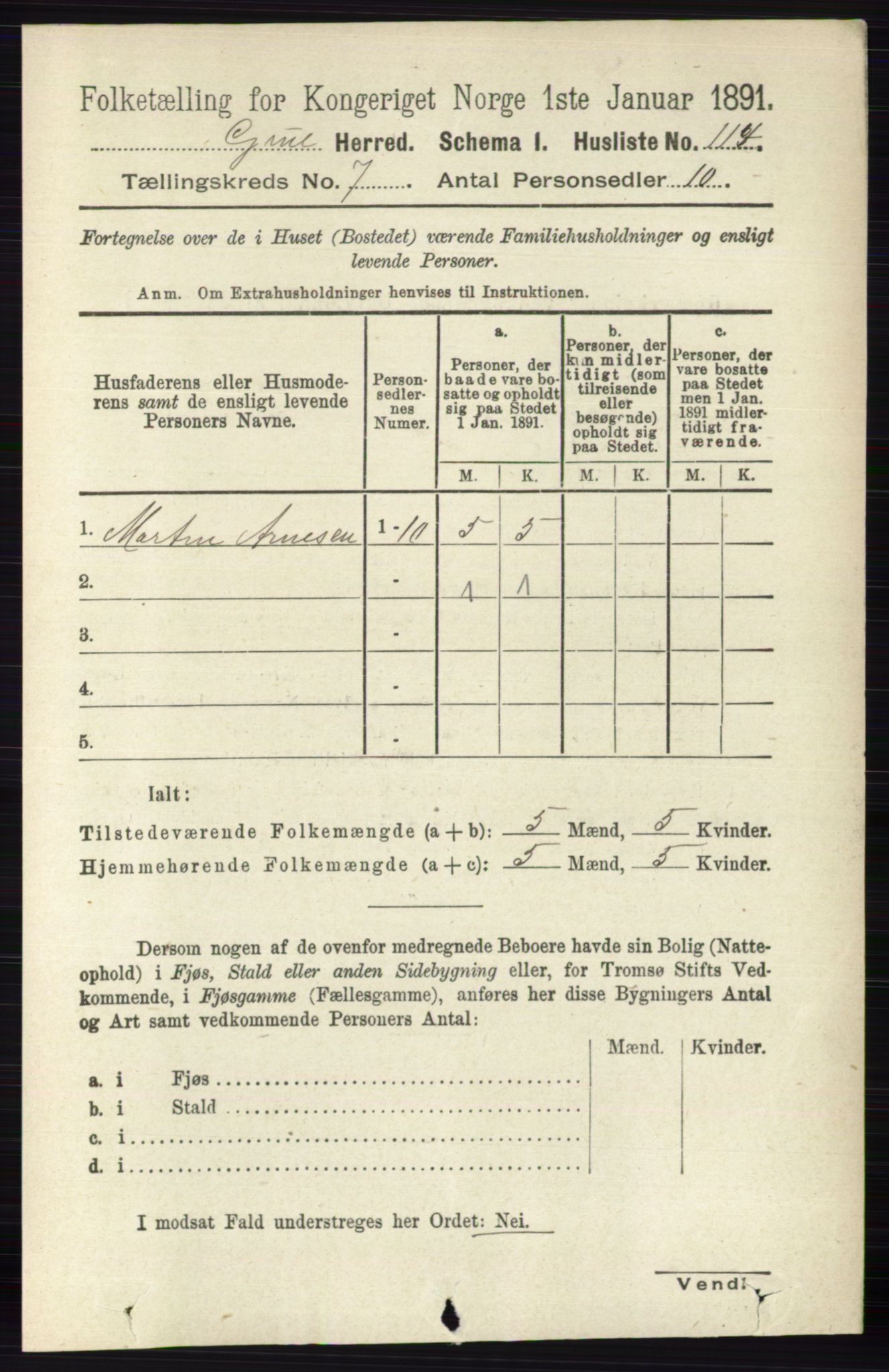 RA, 1891 census for 0423 Grue, 1891, p. 3563