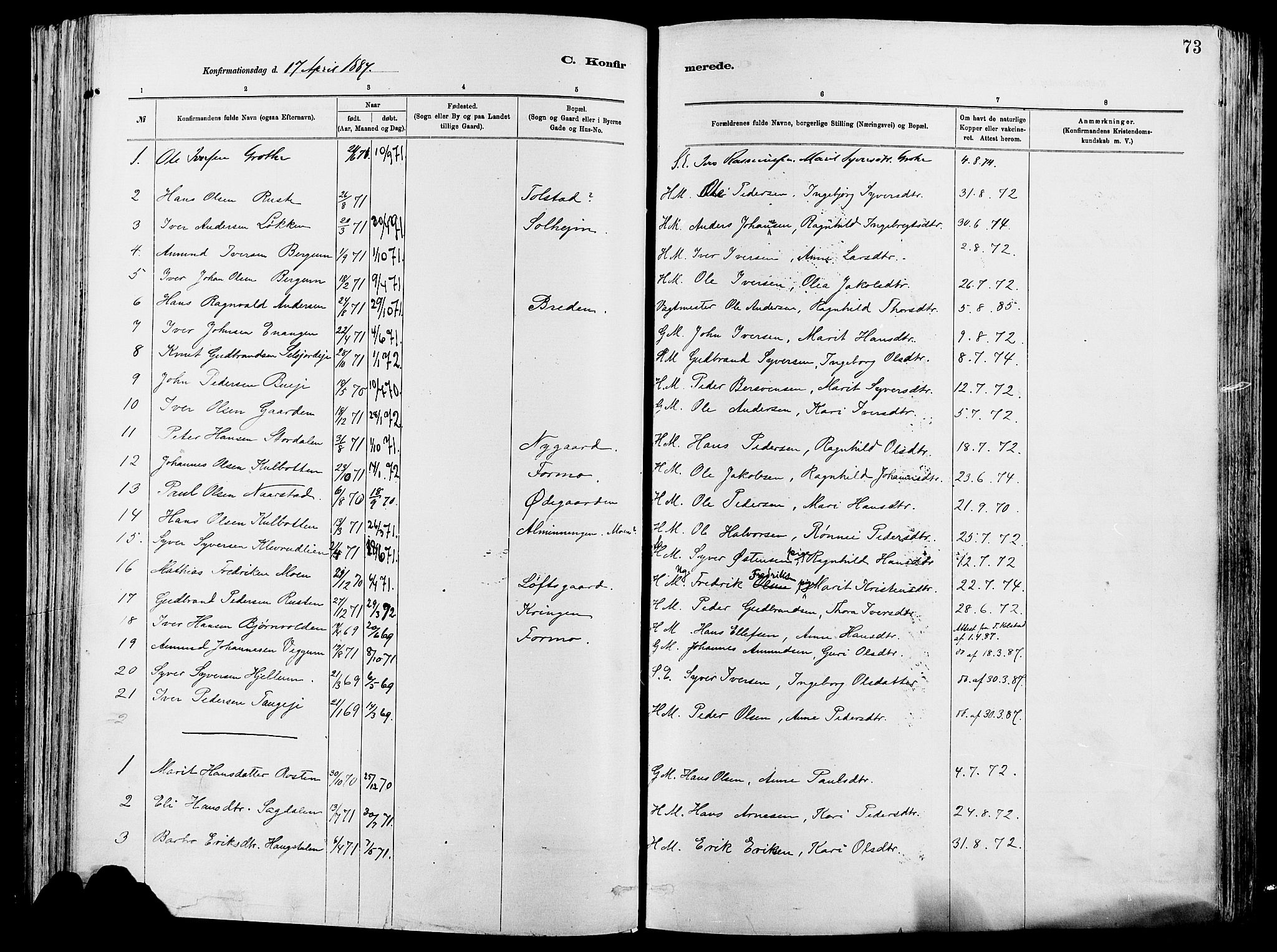 Vågå prestekontor, SAH/PREST-076/H/Ha/Haa/L0008: Parish register (official) no. 8, 1886-1904, p. 73