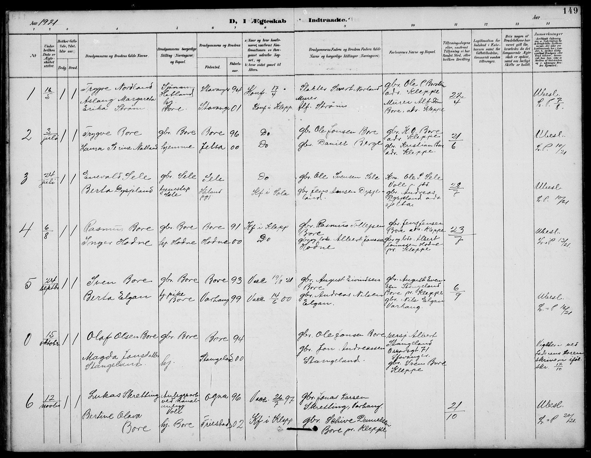 Klepp sokneprestkontor, SAST/A-101803/001/3/30BB/L0006: Parish register (copy) no. B 6, 1889-1936, p. 149