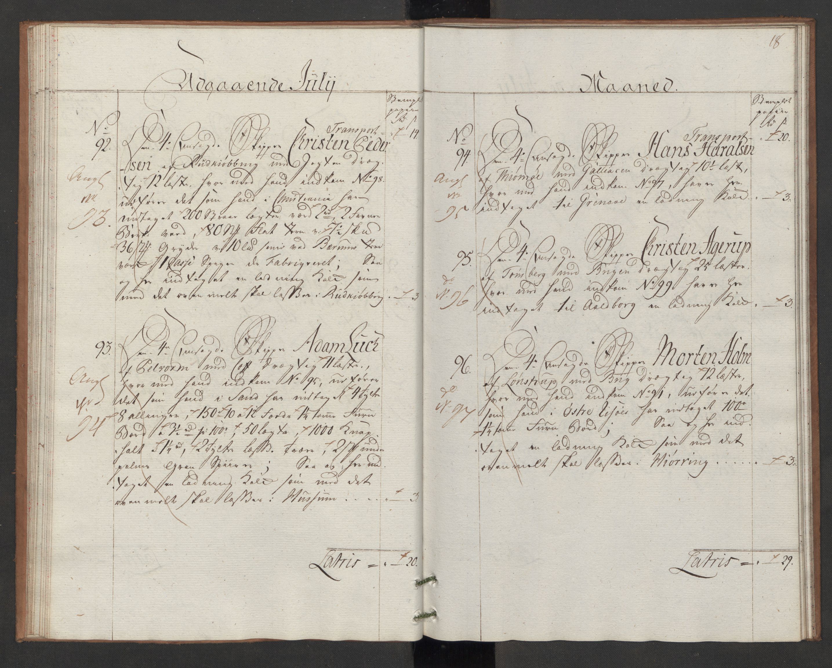 Generaltollkammeret, tollregnskaper, AV/RA-EA-5490/R06/L0166/0002: Tollregnskaper Kristiania / Utgående hovedtollbok Slependen, 1786, p. 17b-18a