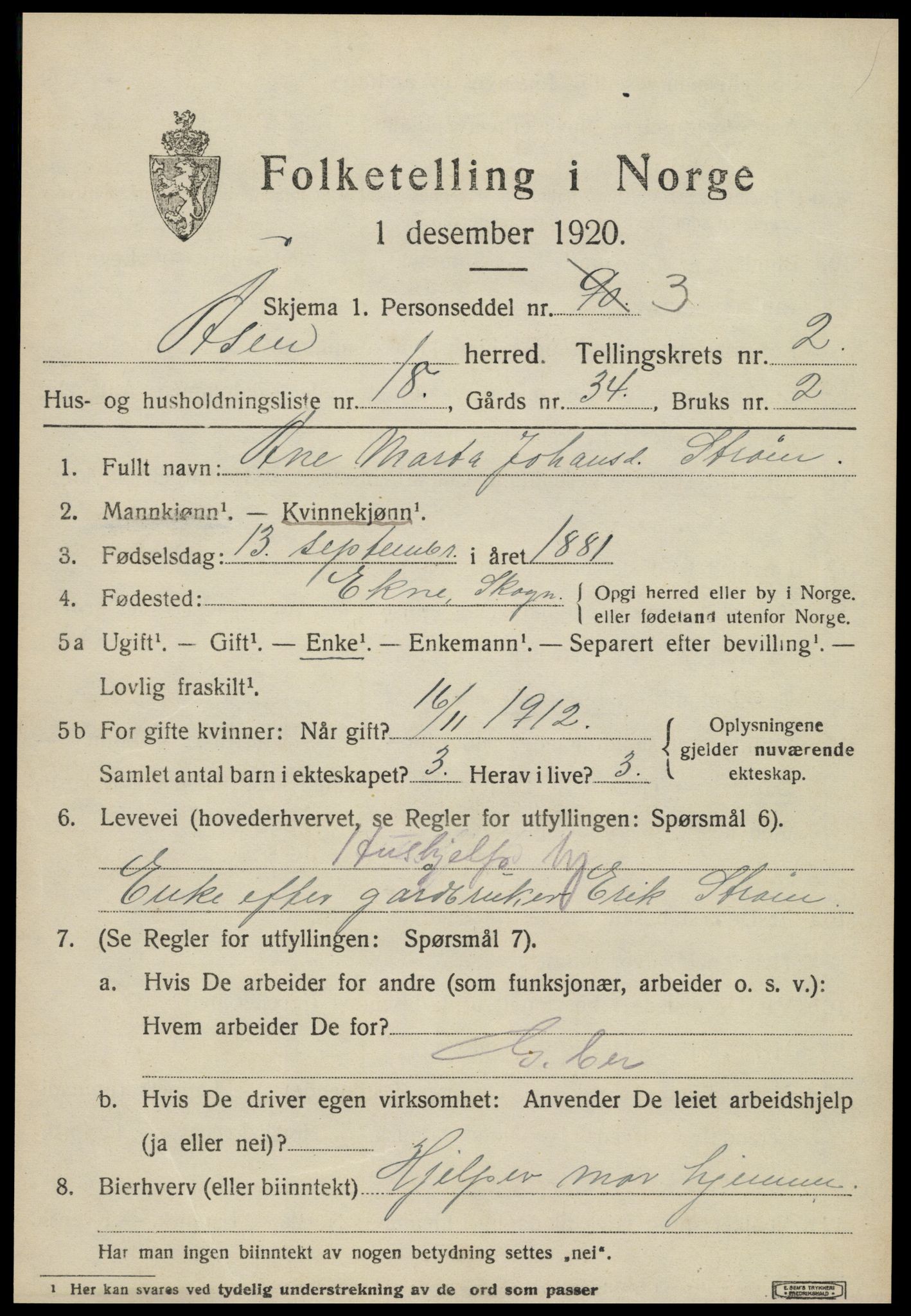 SAT, 1920 census for Åsen, 1920, p. 1886